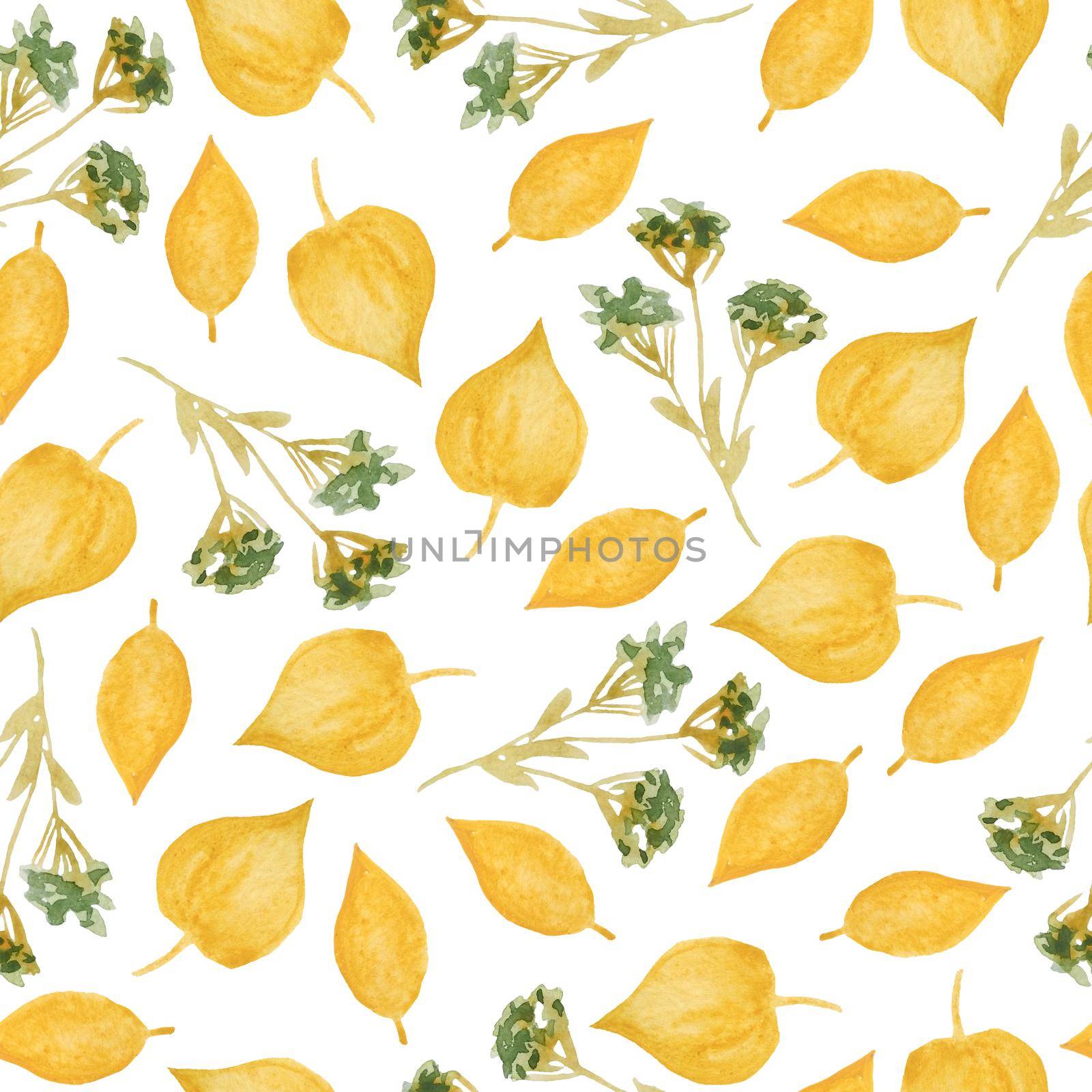 Seamless hand drawn watercolor pattern with green yellow wild herbs leaves in wood woodland forest. Organic natural plants, floral botanical design for wallpapers textile wrapping paper. Fall autumn