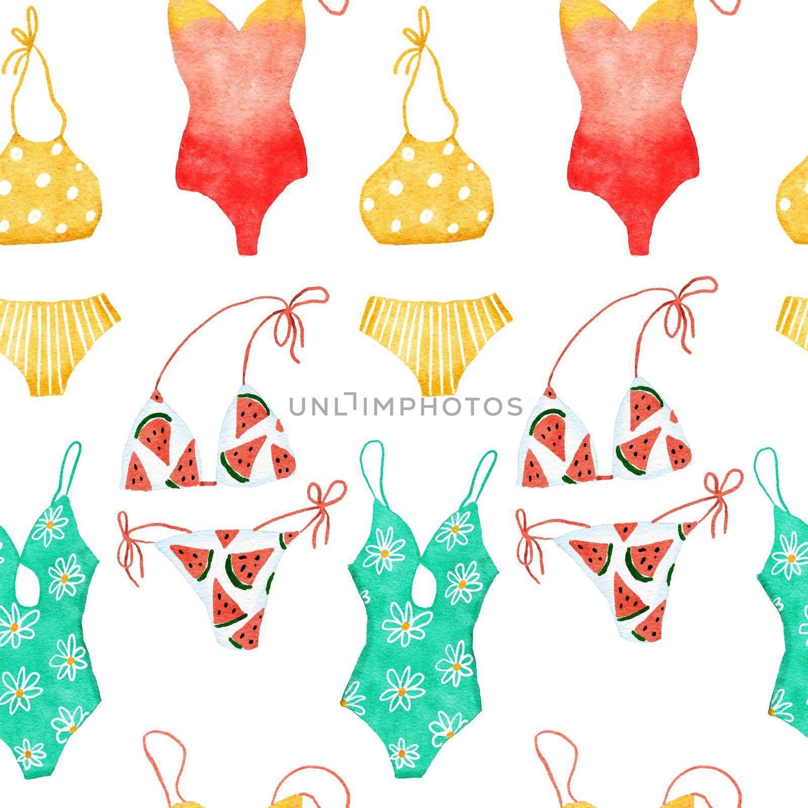 Watercolor hand drawn seamless pattern with beach vibe holiday summer vacation. Sea ocean nautical elements swimwear swimsuit flamingo palm tropical hawaii design. Ice cream bag hat. by Lagmar