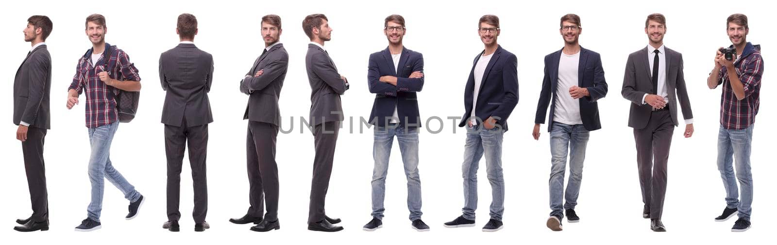 panoramic collage of self-motivated young man .isolated on white background