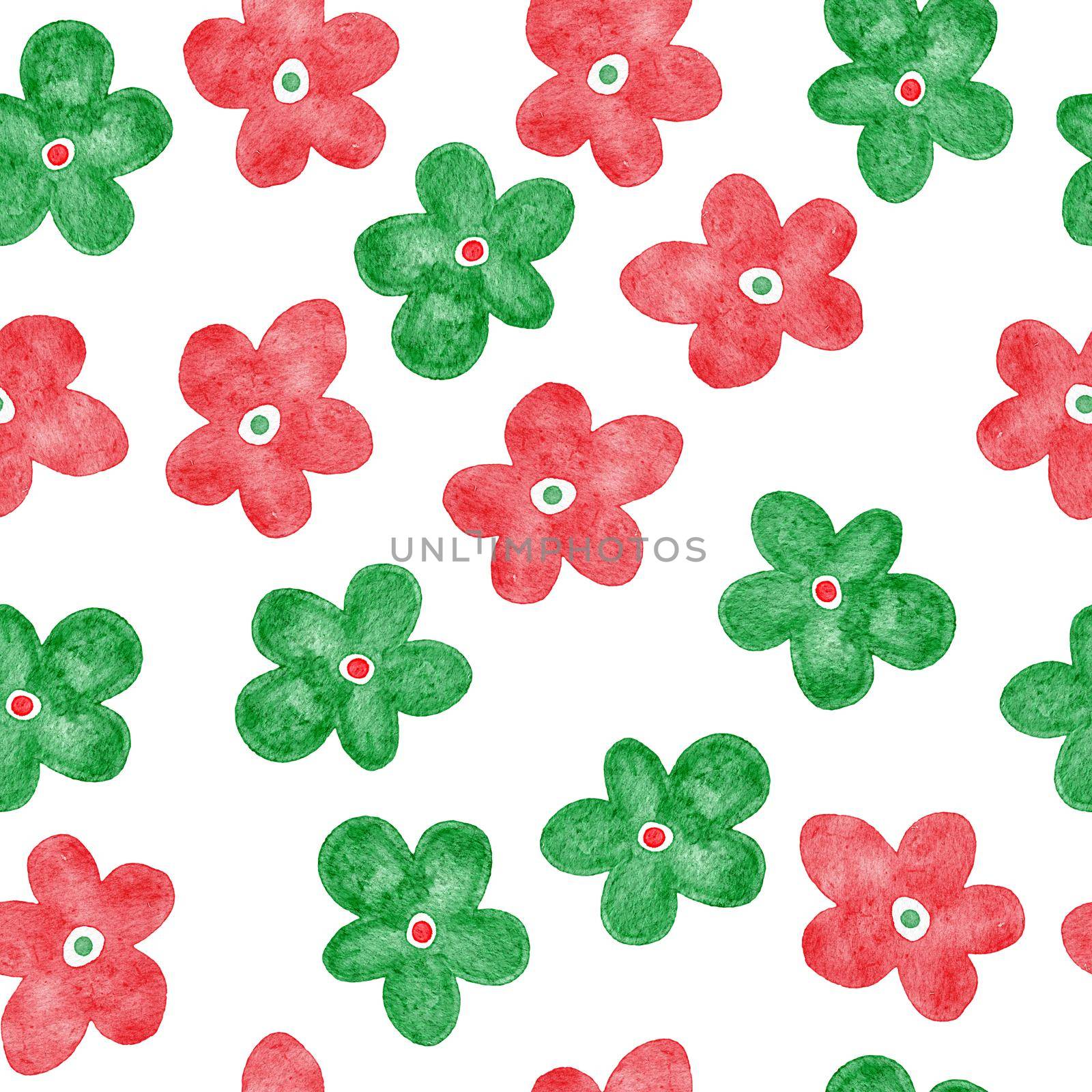 Watercolor seamless hand drawn pattern with red green abstract shapes elements flowers, bright summer background. Minimalist modern fabric print design for textile wallpaper wrapping paper, simple organic forms. by Lagmar