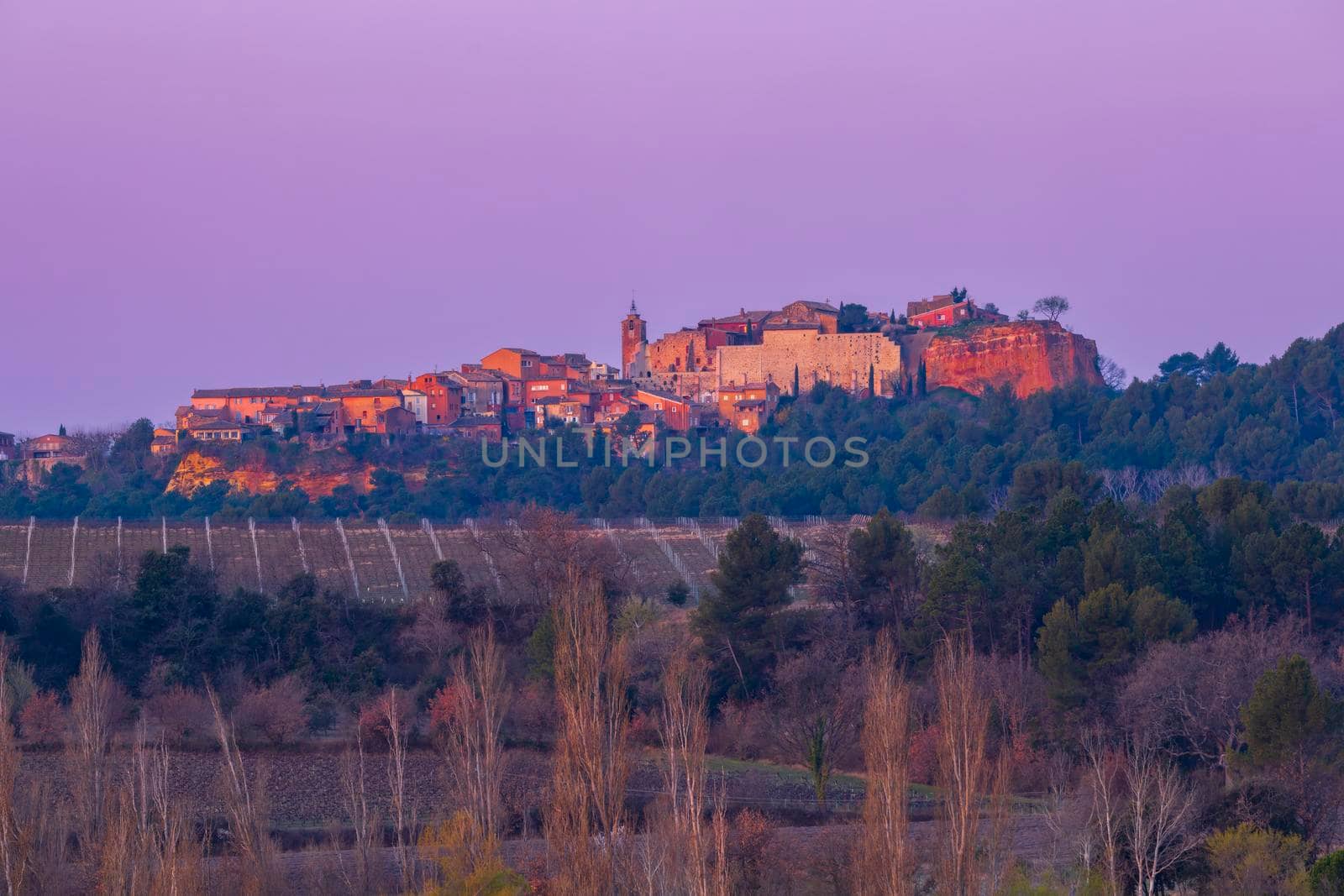 Landscape with historic ocher village Roussillon, Provence, Luberon, Vaucluse, France