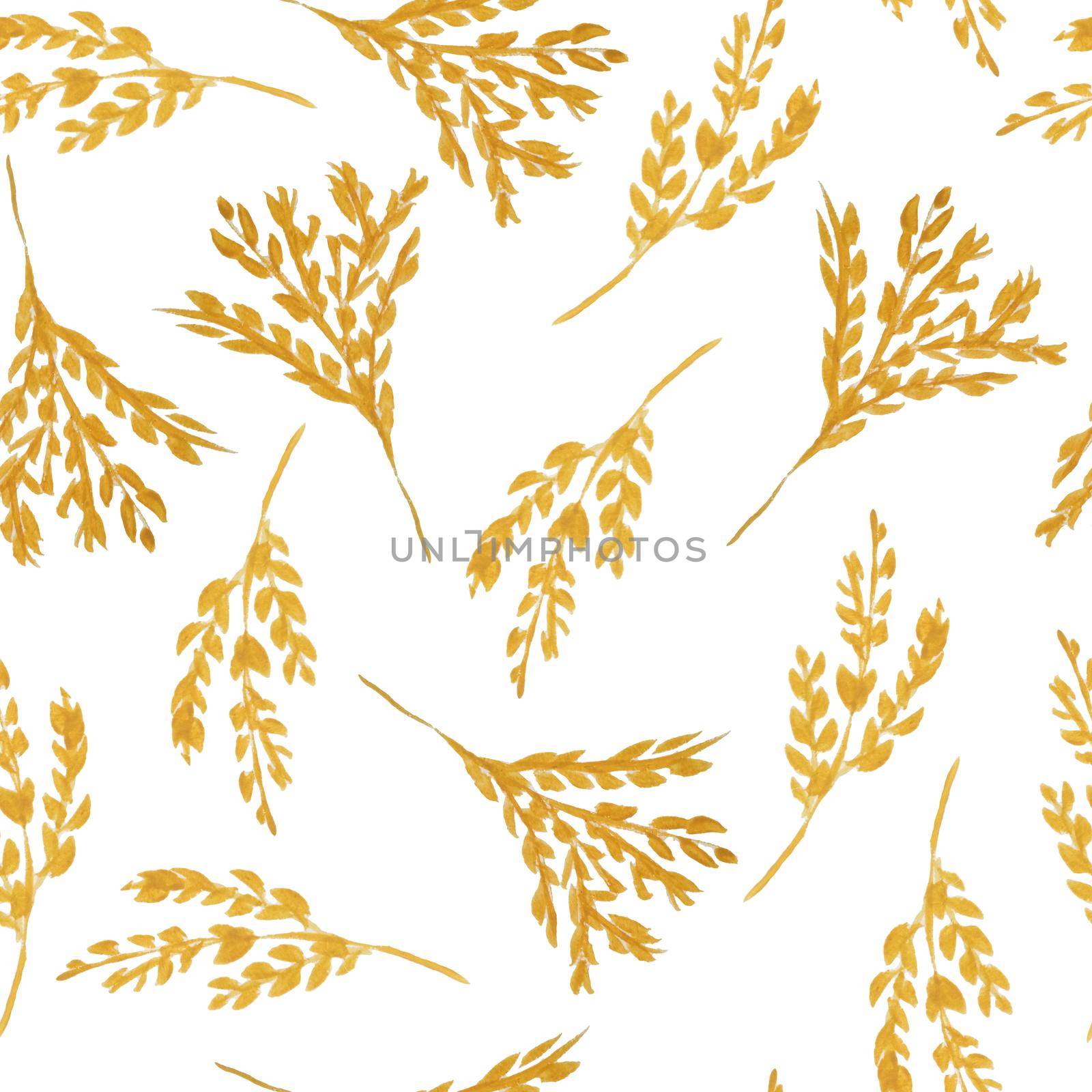 Seamless hand drawn watercolor pattern with ochre yellow wild herbs leaves in wood woodland forest, grain wheat. Organic natural plants, floral botanical design for wallpapers textile. Fall autumn harvest