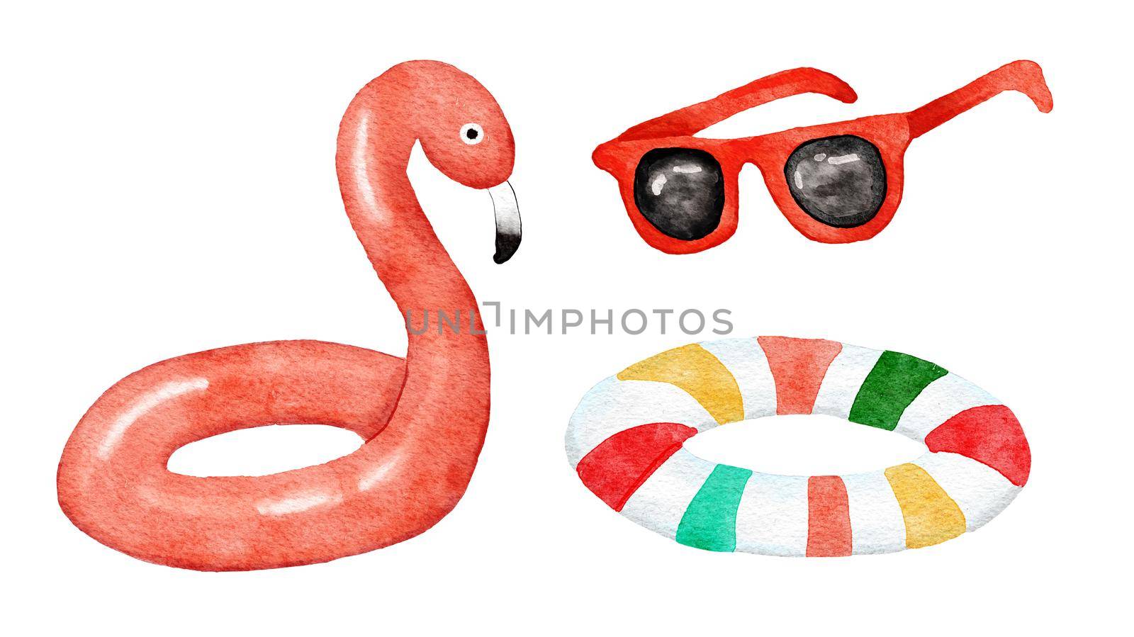 Watercolor hand drawn illsutration of flamingo lifebuoy summer sunglasses bright sea ocean buoy. Sea ocean beach seashore design, cute vacation holiday objects, leisure toys fashion clipart