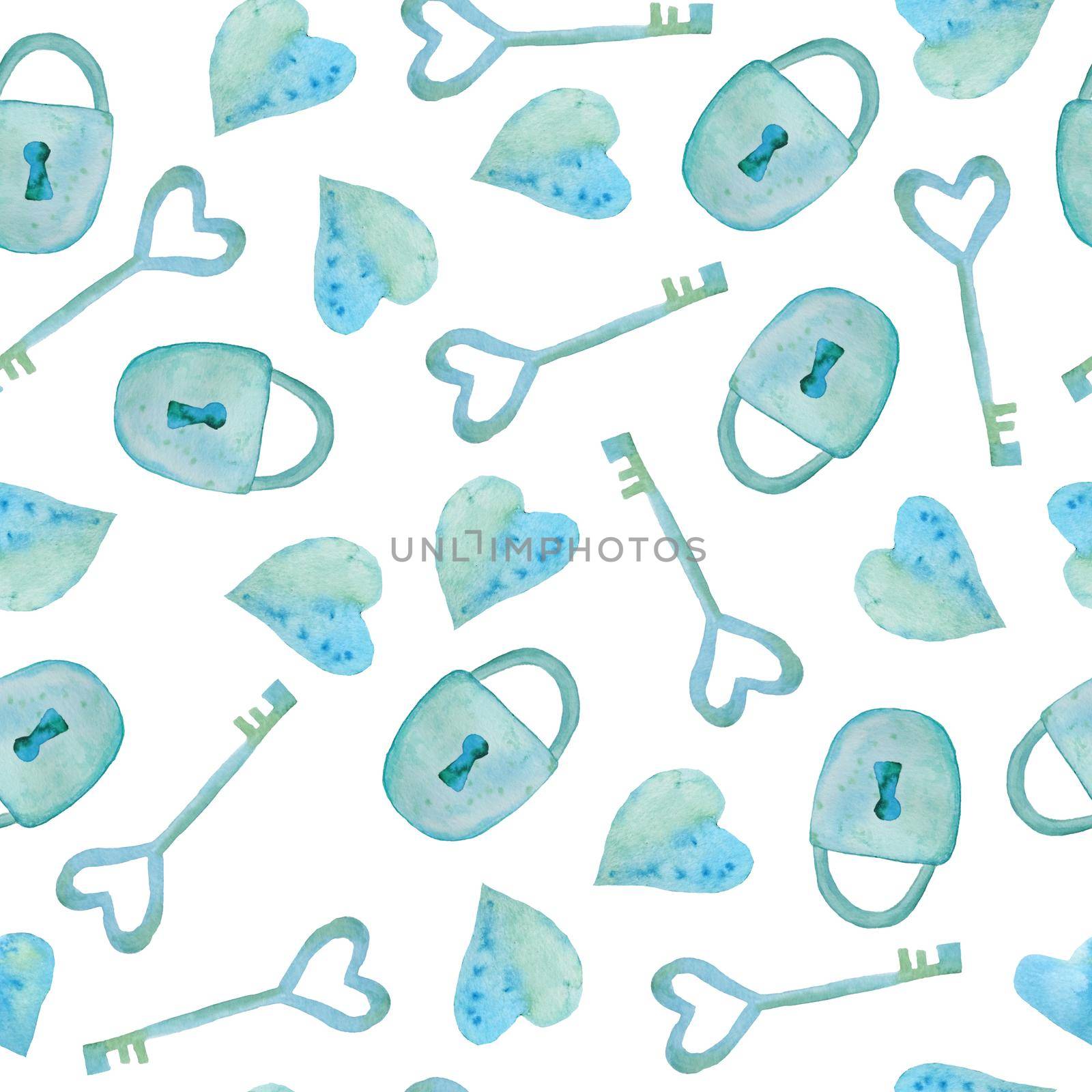 Seamless watercolor hand drawn pattern with lock keys green blue turquoise hearts for St Valentine Day fabric wrapping paper. Elegant design background for love celebration wedding. Texture modern print