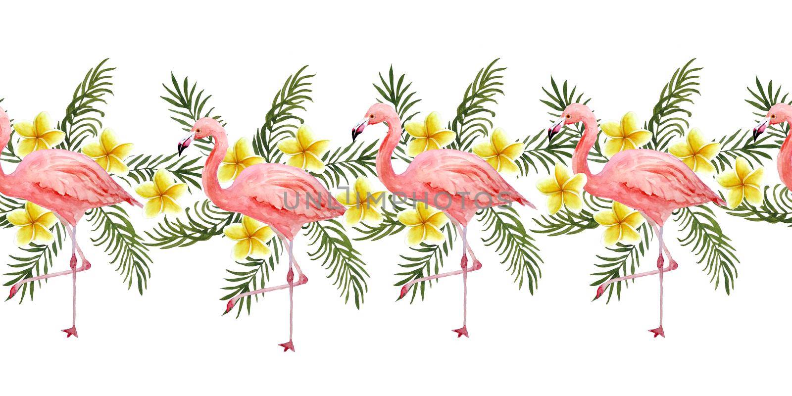 Watercolor hand drawn seamless horizontal border with pink flamingo bird and tropical green palm leaves plumeria frangipani flowers on background. Summer vacation holiday concept, card invitation