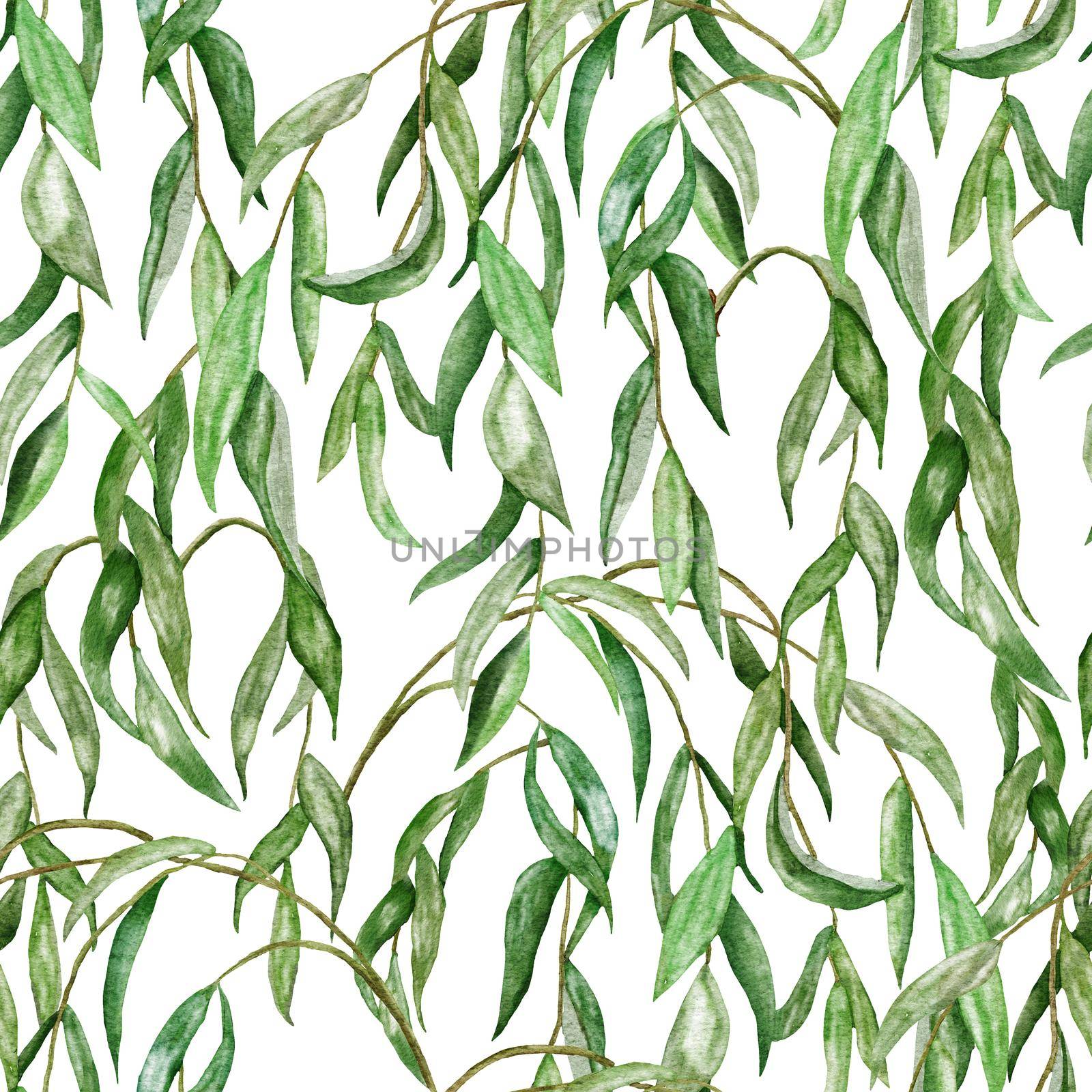 Watercolor seamless hand drawn pattern with green willow leaves branch leaf. Elegant vintage background with forest woodland design, victorian style organic print. by Lagmar