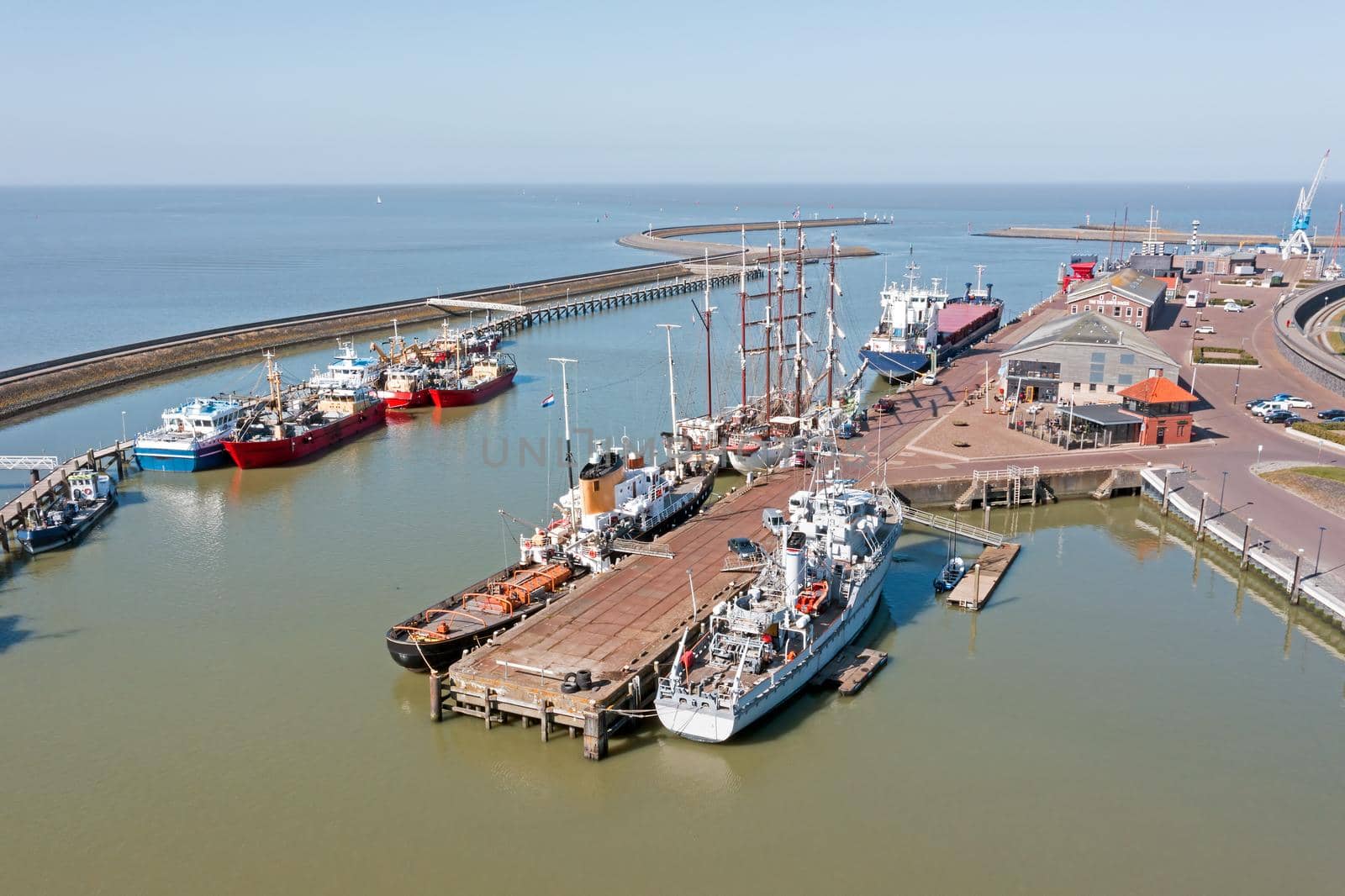 Aerial from the harbor from Harlingen Friesland in the Netherlands