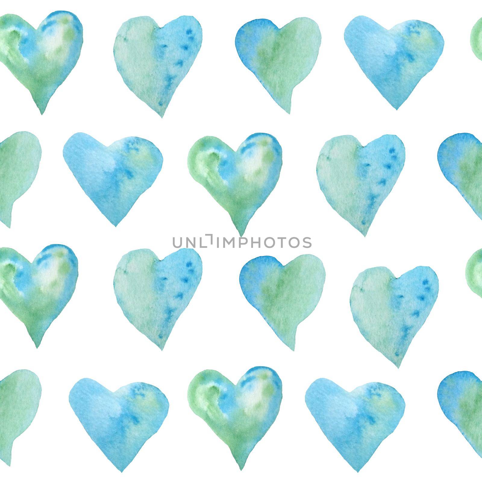Seamless watercolor hand drawn pattern with green blue turquoise hearts for St Valentine Day fabric wrapping paper. Elegant design background for love celebration wedding. Texture modern print