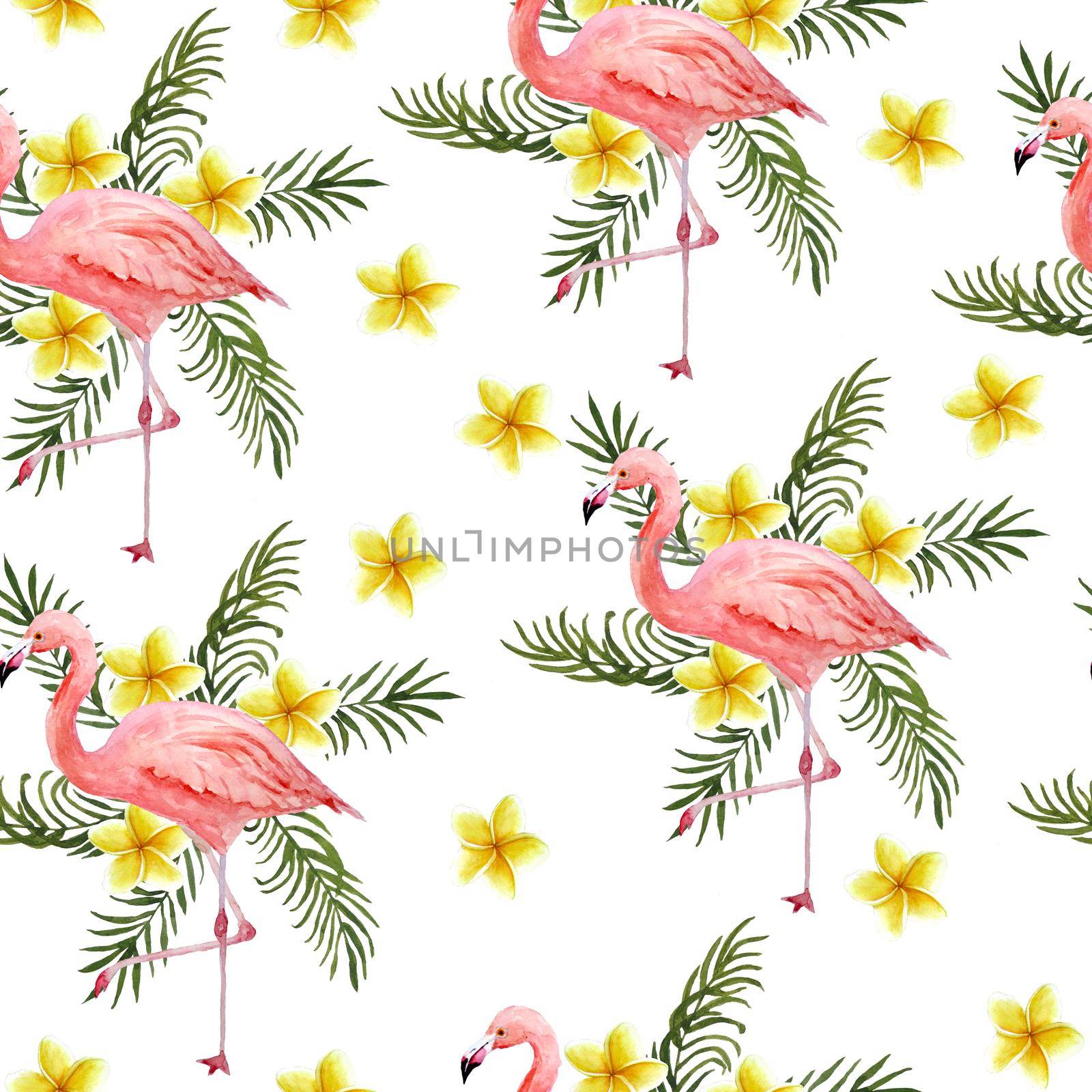 Seamless hand drawn watercolor pattern with pink flamingo, romantic couple in love, palm leaves plumeria frangipani flowers. Tropical exotic bird rose flamingos. Animal illustration. Wedding invitations. by Lagmar