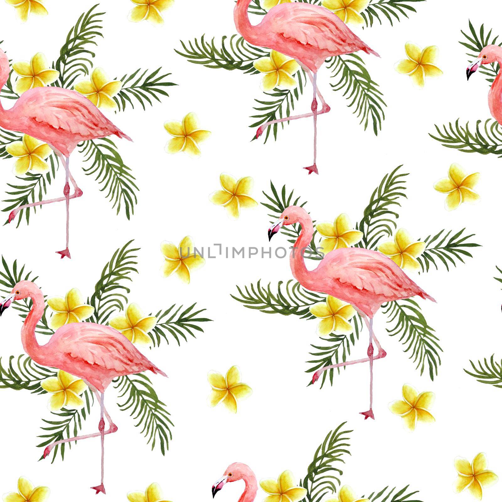 Seamless hand drawn watercolor pattern with pink flamingo, romantic couple in love, palm leaves plumeria frangipani flowers. Tropical exotic bird rose flamingos. Animal illustration. Wedding invitations