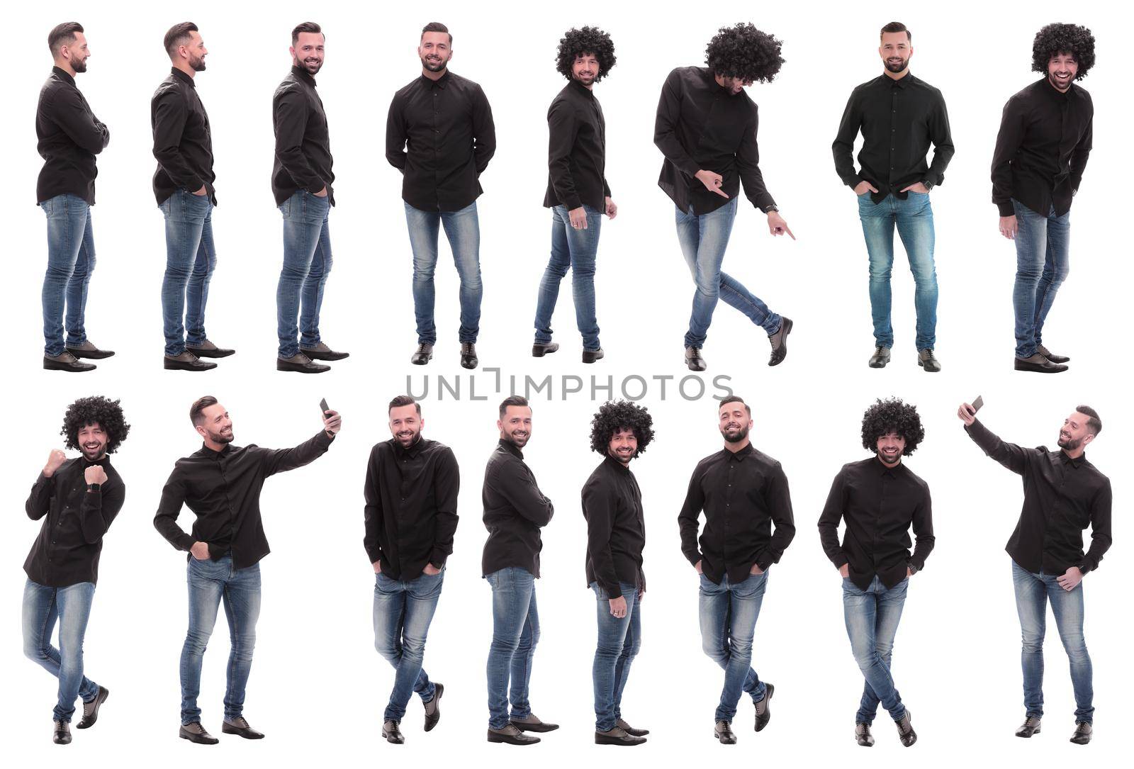 collage of photos of a cheerful young man in jeans. isolated on a white background