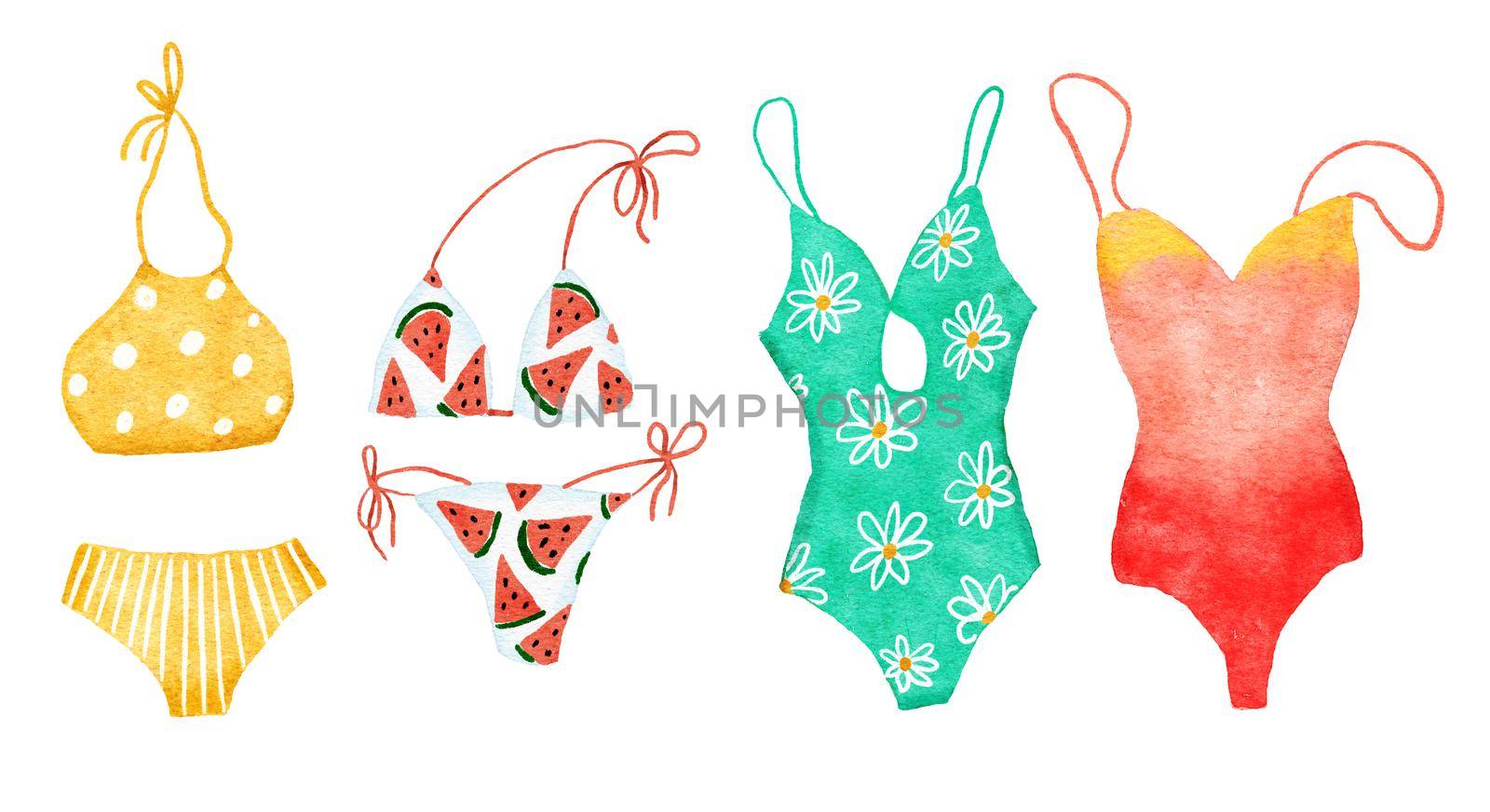 Watercolor hand drawn illustration of four swinsuit swimwear bikini tankini apparel. Yellow red watermelon print fabric, cute fashion summer drawing, beach ocean sea vacation holiday design