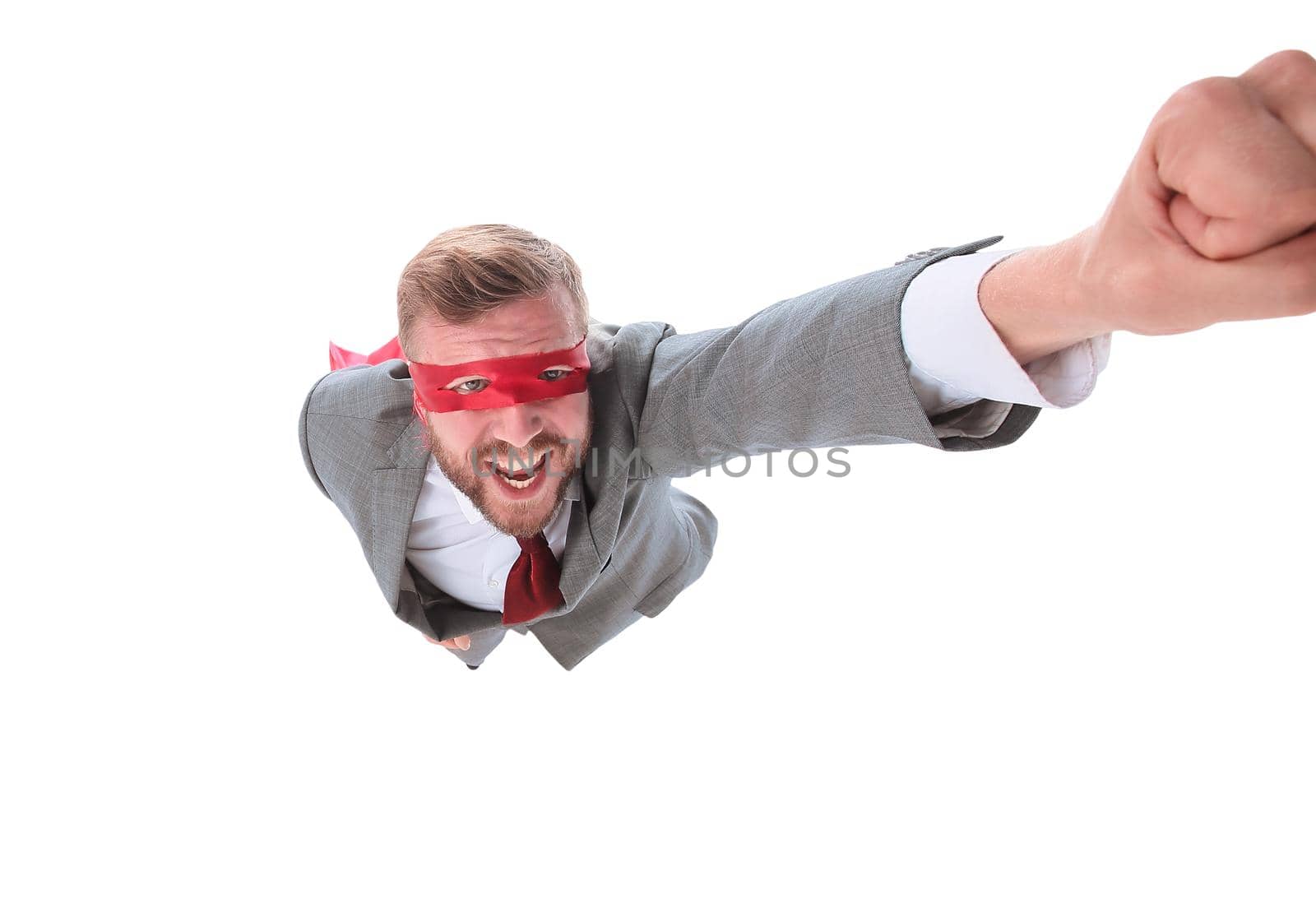 confident superhero businessman flying forward. isolated on white background