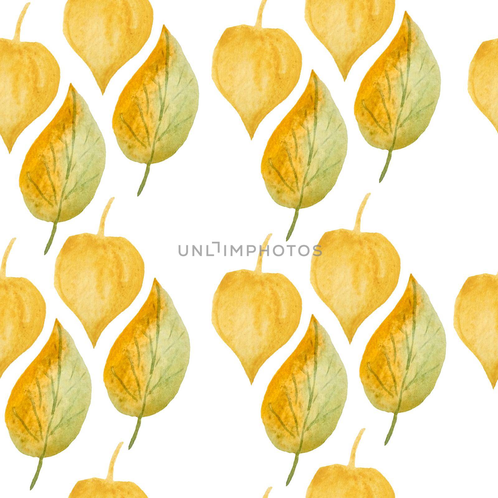 Seamless hand drawn watercolor pattern with green yellow wild herbs leaves in wood woodland forest. Organic natural plants, floral botanical design for wallpapers textile wrapping paper. Fall autumn season. by Lagmar