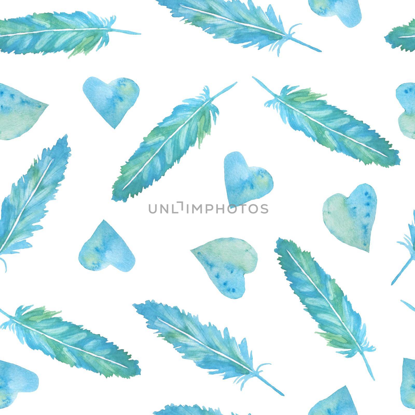 Seamless watercolor hand drawn pattern with green blue turquoise feathers quills hearts for St Valentine Day fabric wrapping paper. Elegant design background for love celebration wedding. Modern print. by Lagmar