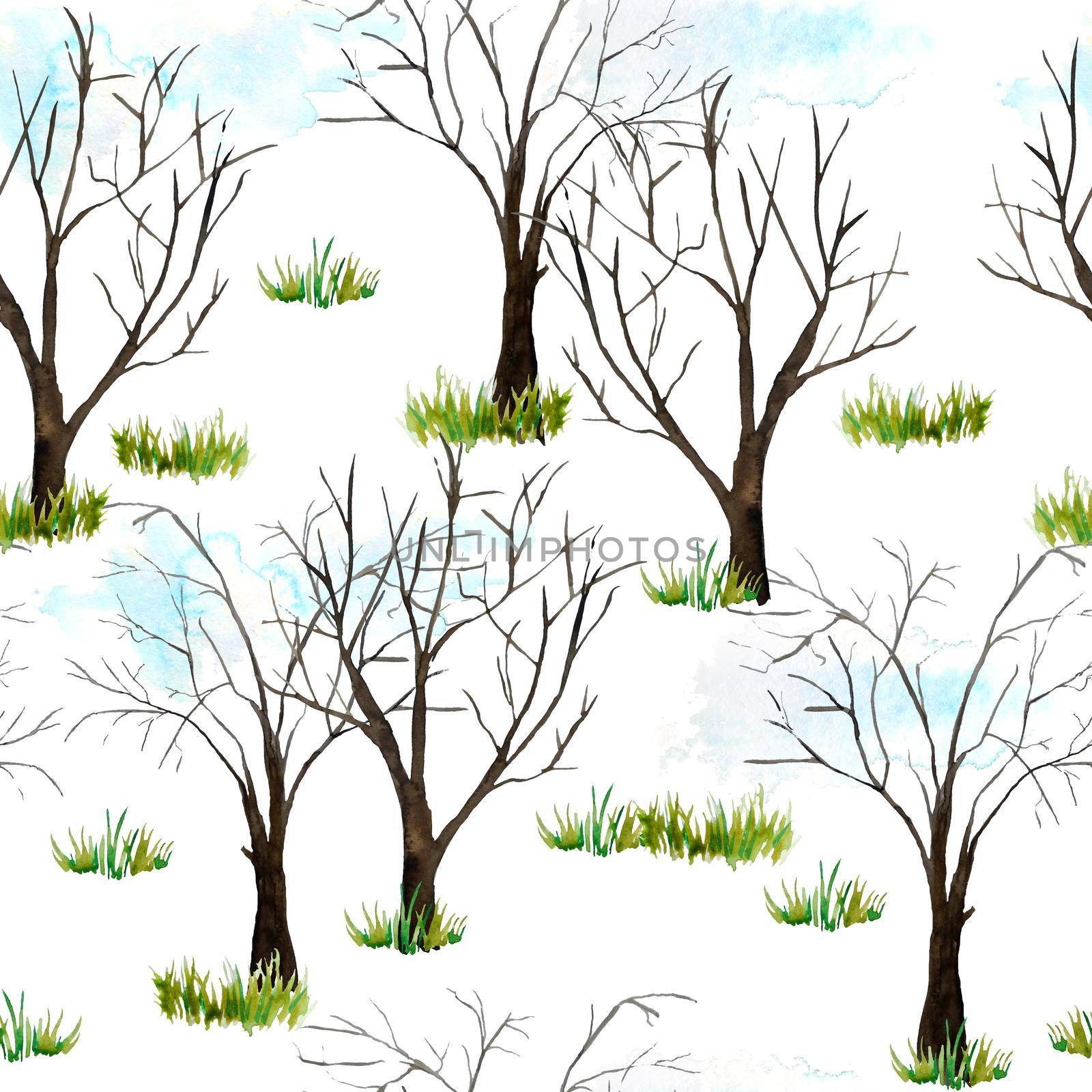 Seamless watercolor hand drawn pattern with spring forest. Green summer trees, grass, flowers, first leaves in outdoor woodland journey adventure for nature lovers natural landscape in cartoon style for textile wallpaper