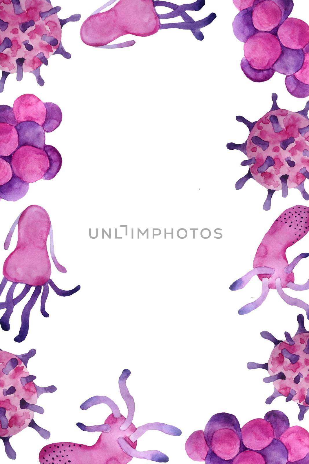 Hand drawn watercolor pink purple viruses and bacteria page frame border. Microscopic cell illness, virus, bacterium and microorganism illustration. Microbiology concept. Flat elements for medical poster, educational book or infographic design. by Lagmar