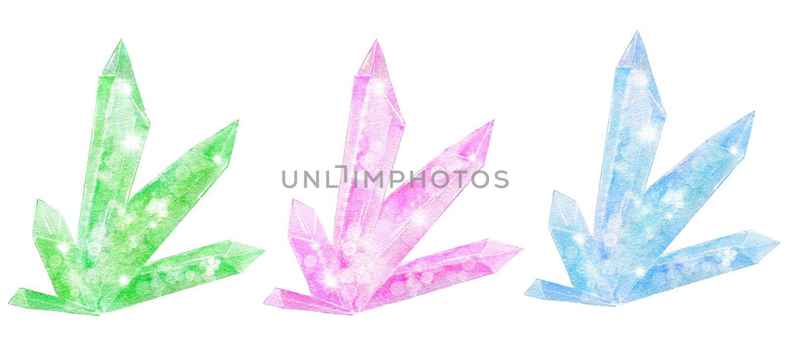 Watercolor illustration of shiny crystals, shimmering gemstones in pastel colors green pink purple blue. Elements for jewelry amethyst zircon magic mystic design, glitter background, witch witchcraft concept. by Lagmar