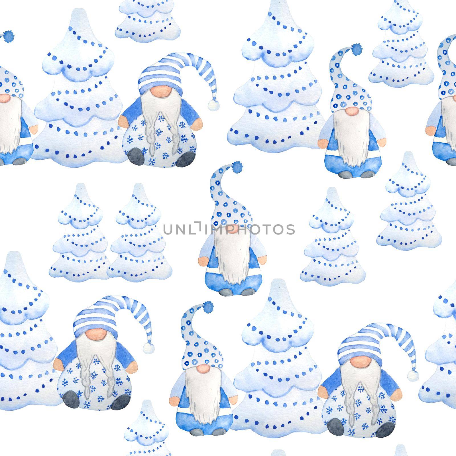 Watercolor hand drawn seamless pattern nordic scandinavian gnomes for christmas decor tree. New year illustration in blue grey Christmas fir tree. Funny winter character north swedish elf in hat beard. Greeting card