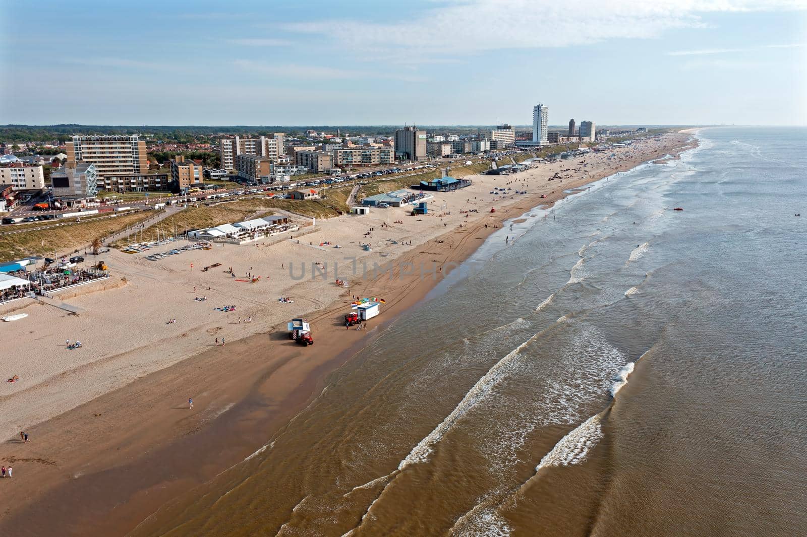 Aerial from the beach at Zandvoort at the North Sea in the Netherlands on a beautiful summer day