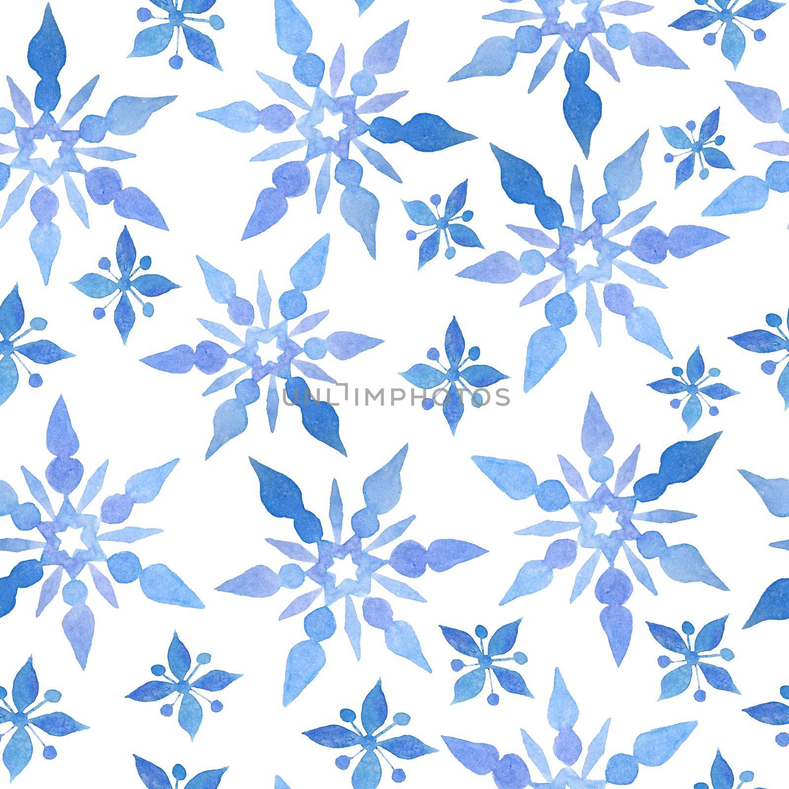 Watercolor hand drawn seamless pattern with blue elegant snowflakes for Christmas new year design wrapping paper textile. Electric blue snow frost pastel invitation celebration. Winter background. by Lagmar