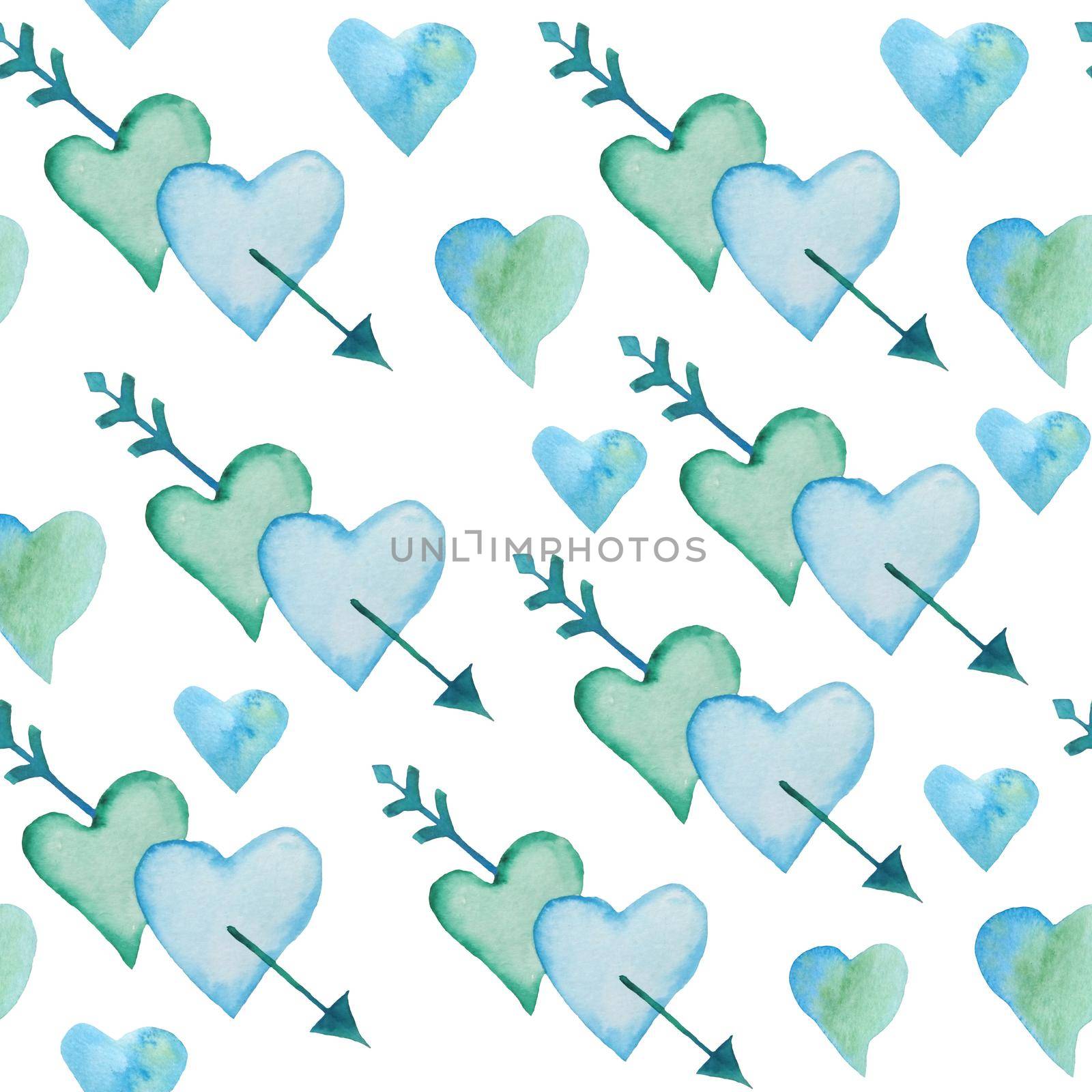 Seamless watercolor hand drawn pattern with green blue turquoise hearts arrows for St Valentine Day fabric wrapping paper. Elegant design background for love celebration wedding. Modern texture