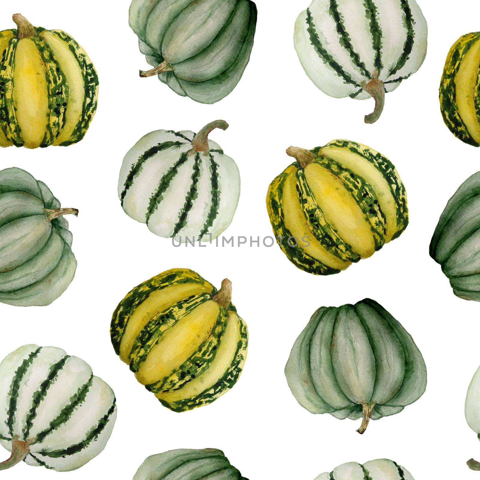 seamless watercolor hand drawn pattern on green yellow striped background ripe organic soft neutral mint pumpkin squashes. For halloween thanksgiving design paper textile harvest celebration fall autumn. by Lagmar