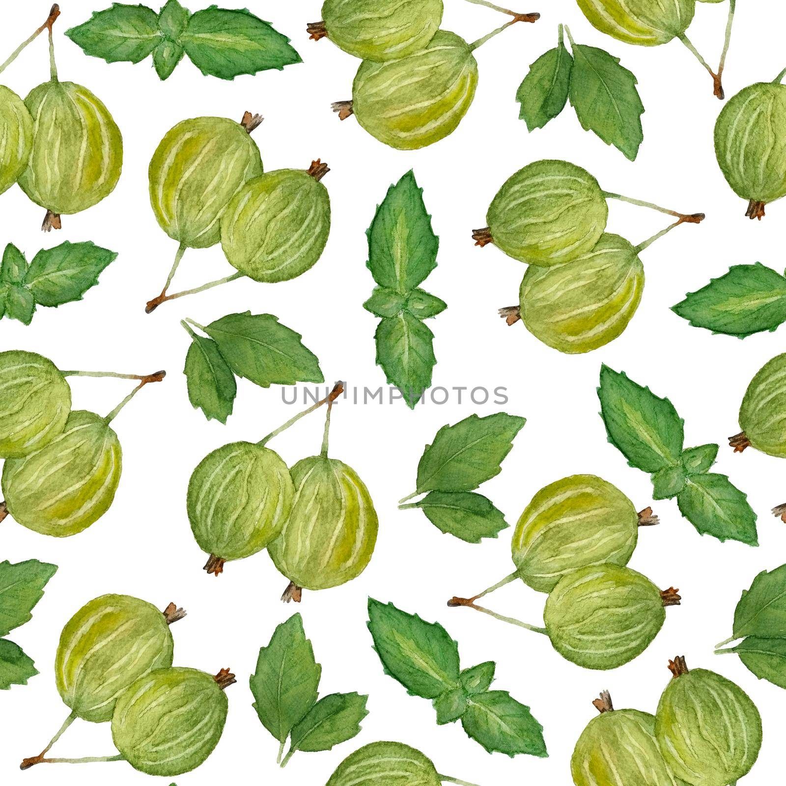 seamless watercolor hand drawn pattern with green yellow gooseberry berries and mint leaves. Organic intense bright vibrant colors healthy fresh tasty food vegan vegatarian vitamin on white isolated background. by Lagmar