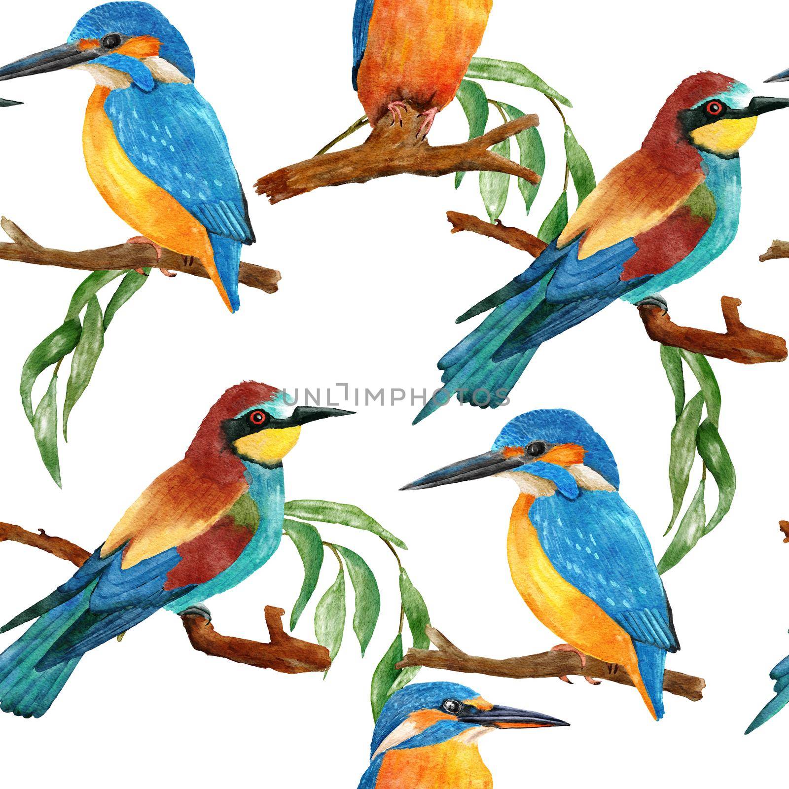 Watercolor seamless hand drawn pattern with wild kingfisher bee-eater birds in forest woodland. Wildlife natural vintage background with floral leaves greenery branches, nature bird flying design