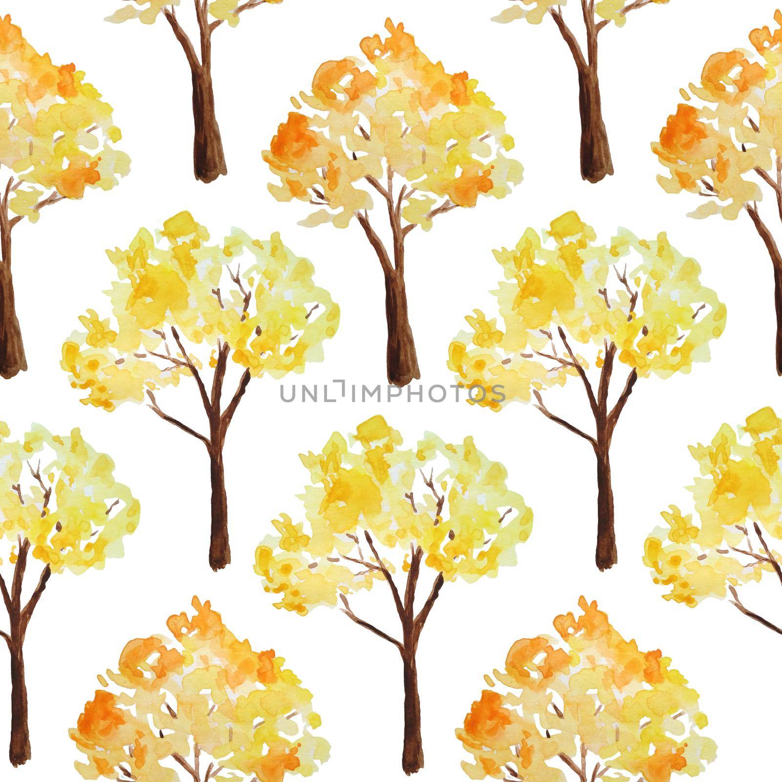 Watercolor hand drawn seamless pattern illustration of autumn fall tree in forest wood woodland park. Outdoor wild landscape. Nature camping design, fall activities in the open. Orange yellow colors season. by Lagmar
