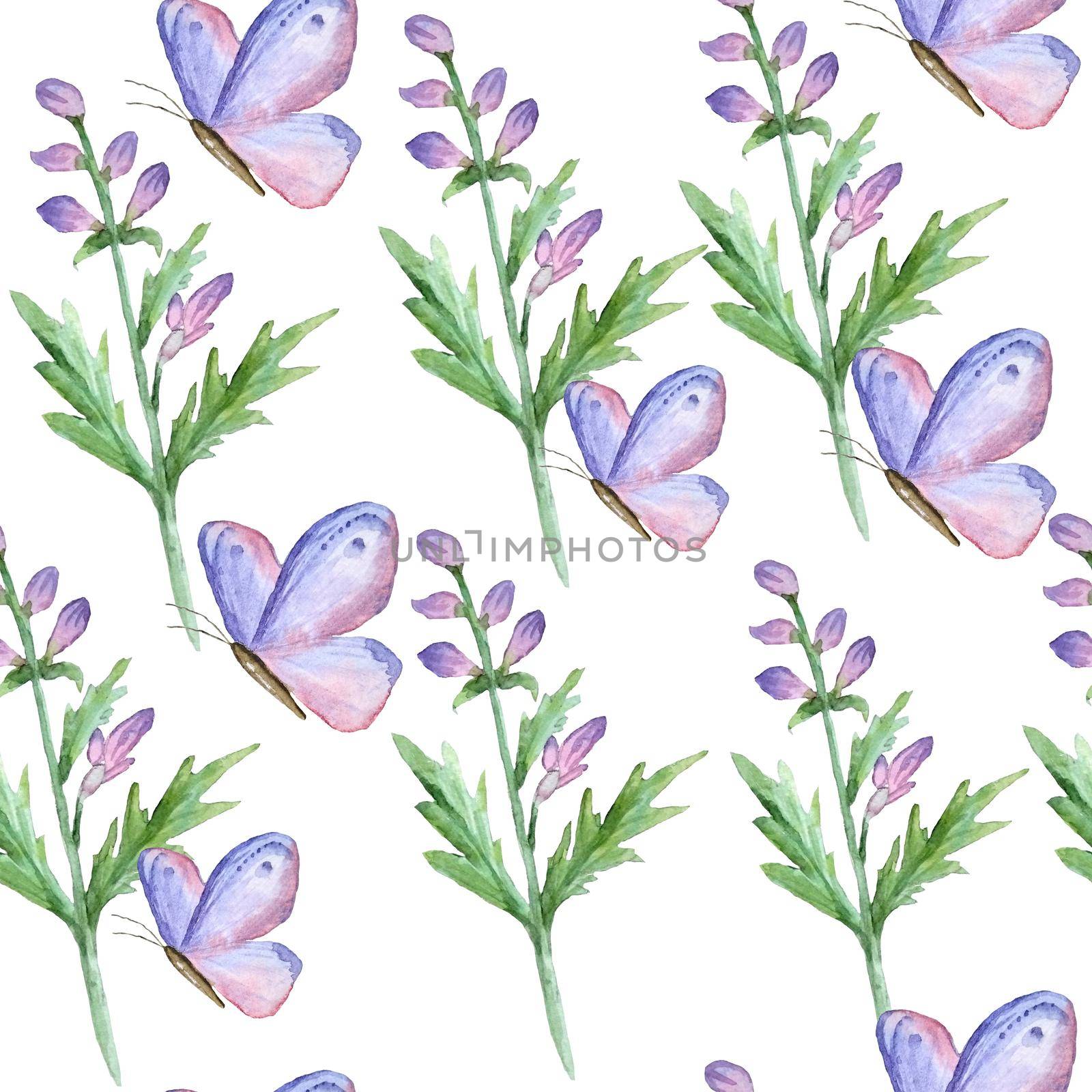 Watercolor seamless pattern of wild violet pink flowers leaves butterflies. Spring forest wood floral neutral nature design for textile wallpaper wedding invitation. Seasonal vintage romantic background. by Lagmar