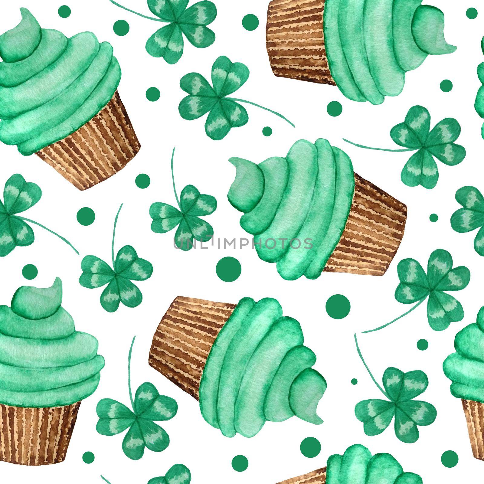 Seamless watercolor hand drawn pattern with green cupcakes for St. Patricks day celebration tradition. Lucky clover shamrock polka dot background. Ireland irish food bakery. Spring march celtic