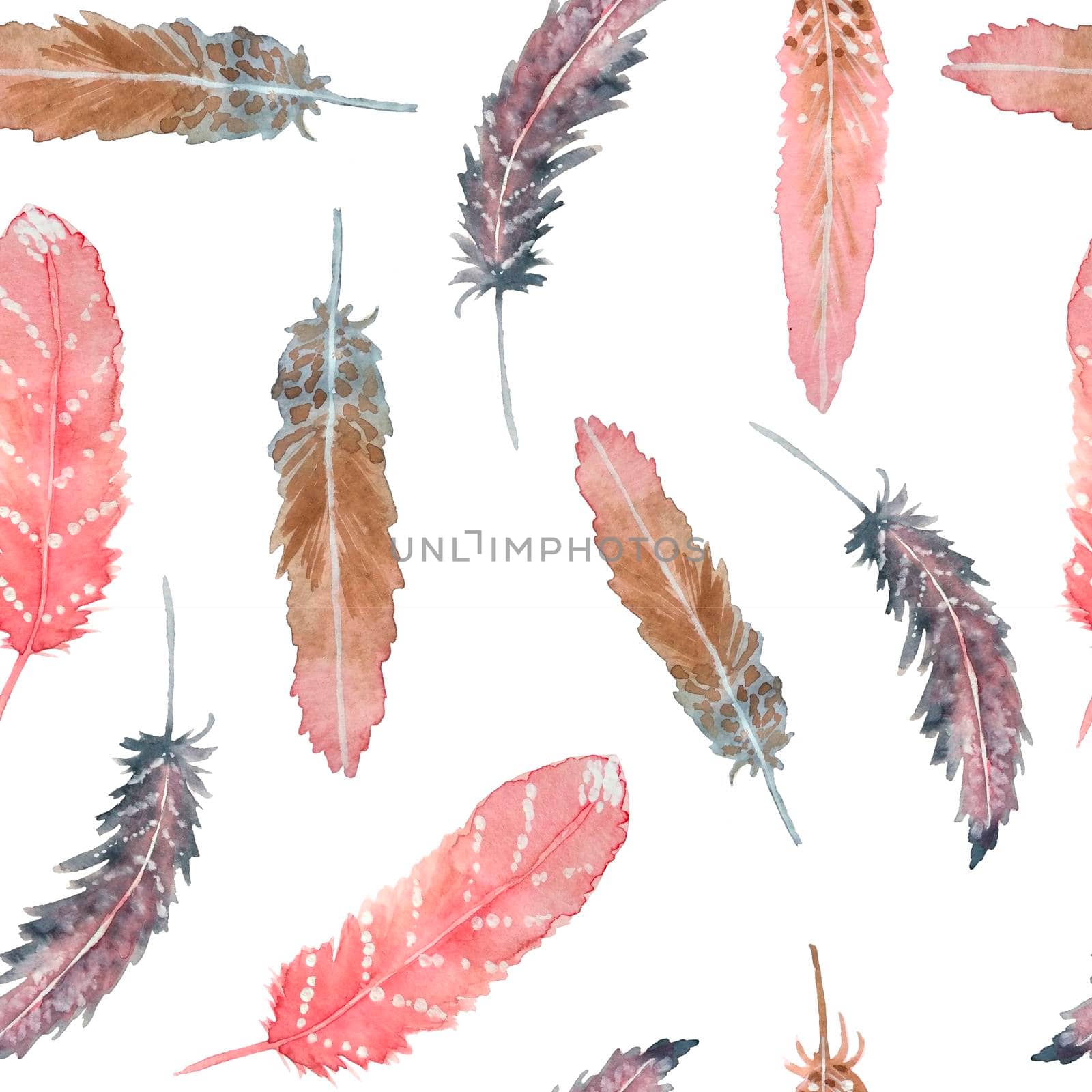 Watercolor seamless pattern with pink and brown boho bohemian feathers. Tribal tribe traditional design. Neutral elegant colors for graphic decor wallpapers wrapping paper textile. by Lagmar