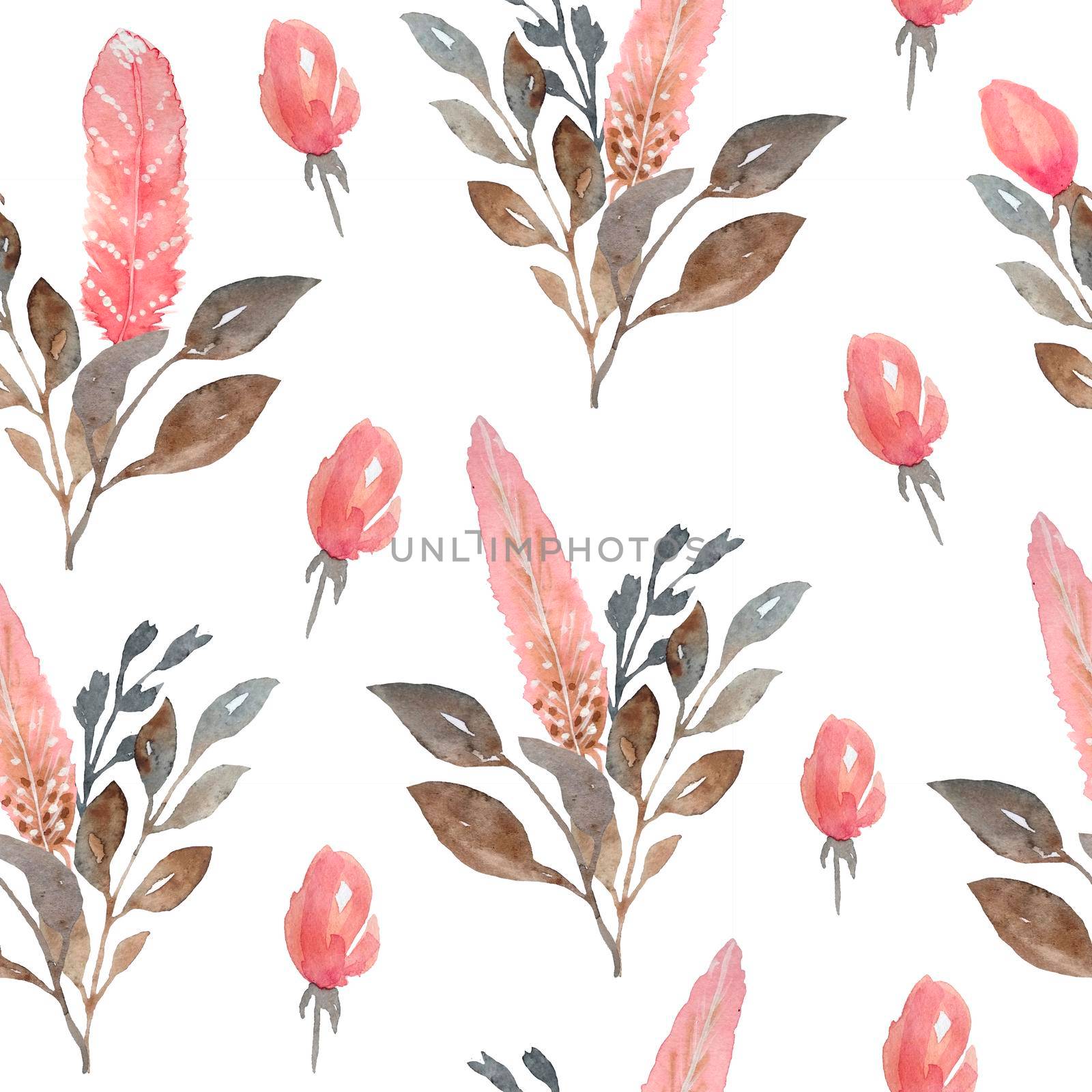 Watercolor seamless pattern with pink and brown boho bohemian feathers, roses flowers leaves. Tribal tribe traditional design. Neutral elegant colors for graphic decor wallpapers textile. by Lagmar