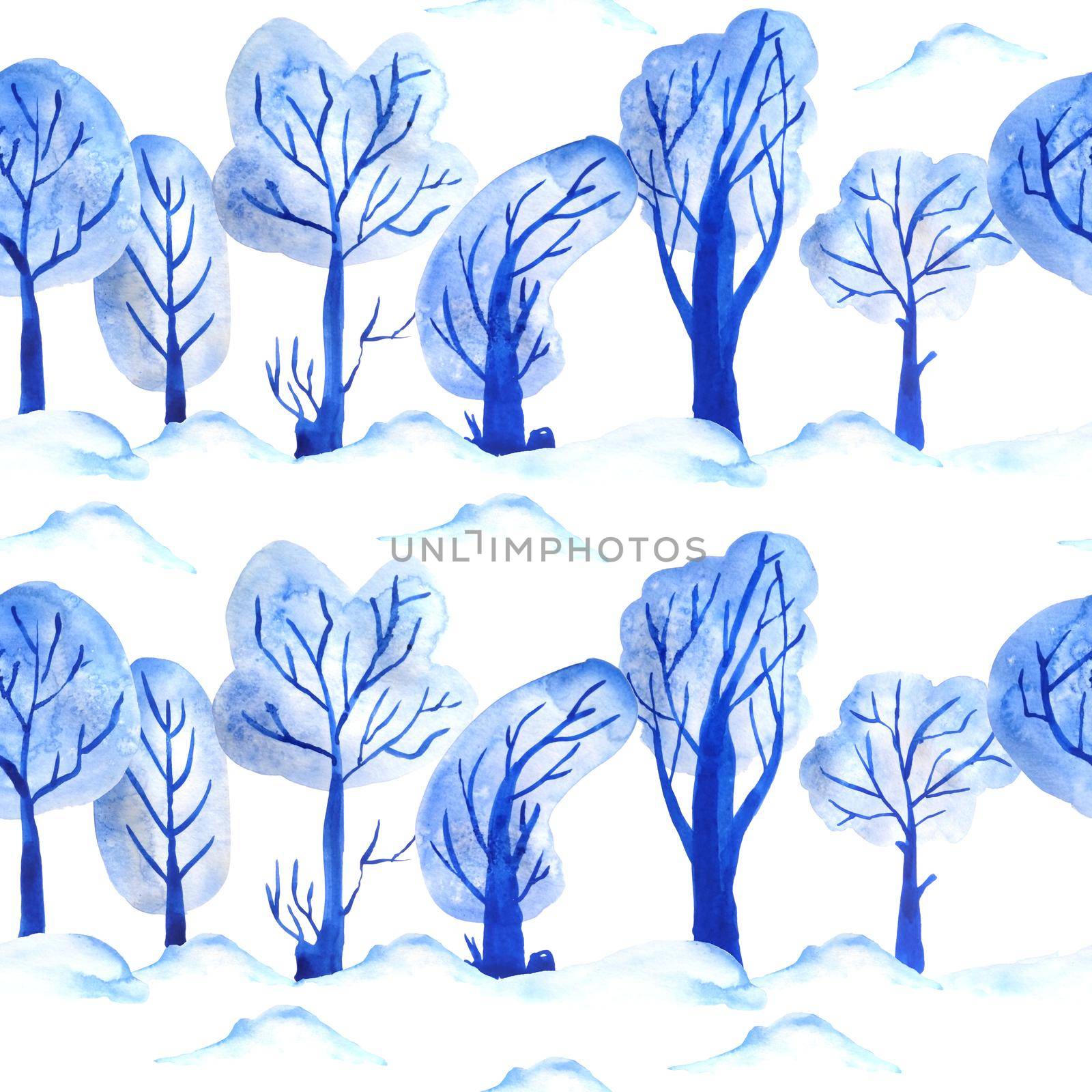 watercolor hand drawn seamless pattern with electric blue simple minimalist scandinavian style trees and snow. Winter woodland forest frost snow. Trendy textile design wrapping Christmas new year. by Lagmar