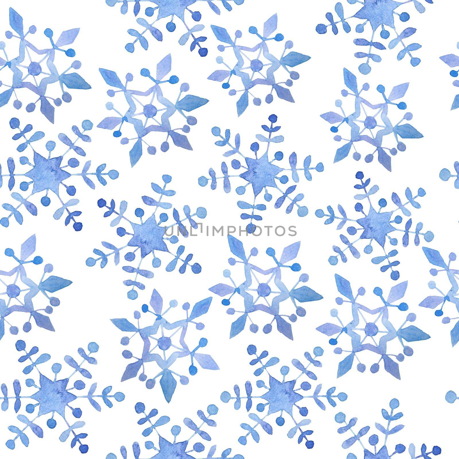 Watercolor hand drawn seamless pattern with blue elegant snowflakes for Christmas new year design wrapping paper textile. Electric blue snow frost pastel invitation celebration. Cold weather background. by Lagmar