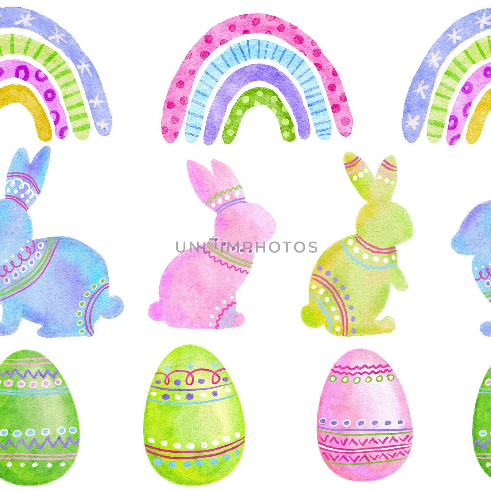Watercolor seamless hand drawn pattern with Easter eggs bunnies rabbit raibows in pastel pink green blue colors. Spring april background for party decor wrapping paper textile. by Lagmar