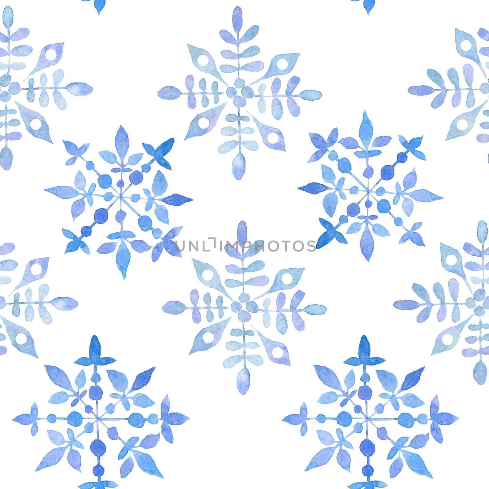 Watercolor hand drawn seamless pattern with blue elegant snowflakes for Christmas new year design wrapping paper textile. Electric blue snow frost pastel invitation celebration. Winter background. by Lagmar