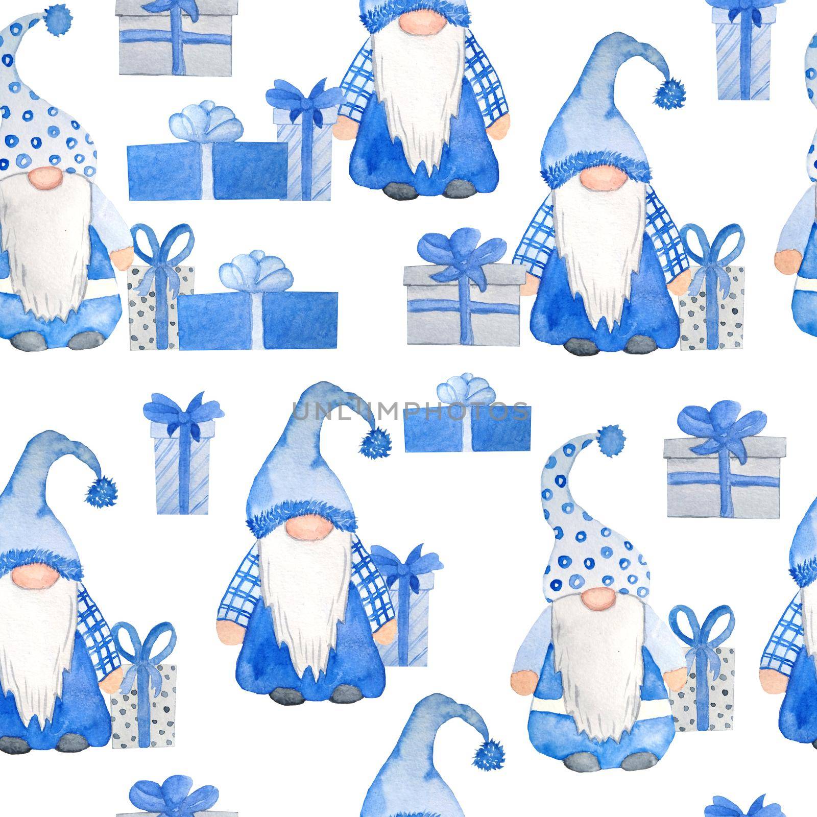 Watercolor hand drawn seamless pattern nordic scandinavian gnomes for christmas decor gifts presents. New year illustration in blue grey cartoon style. Funny winter character north swedish elf in hat beard. Greeting card