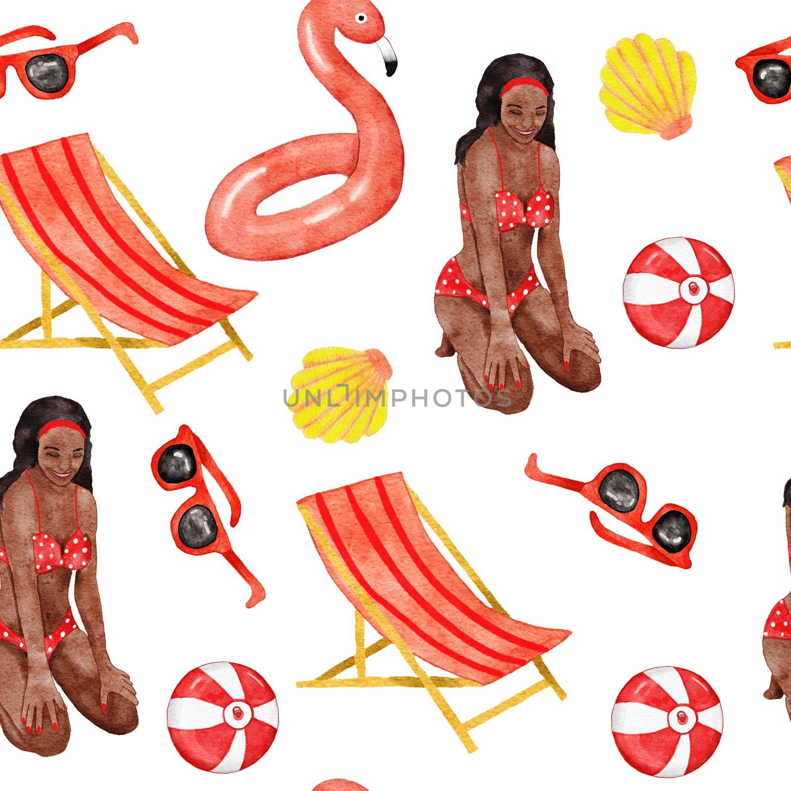Watercolor hand drawn seamless pattern with beach vibe holiday summer vacation African American woman. Sea ocean nautical elements swimwear swimsuit flamingo palm tropical hawaii design. Ice cream bag hat. by Lagmar