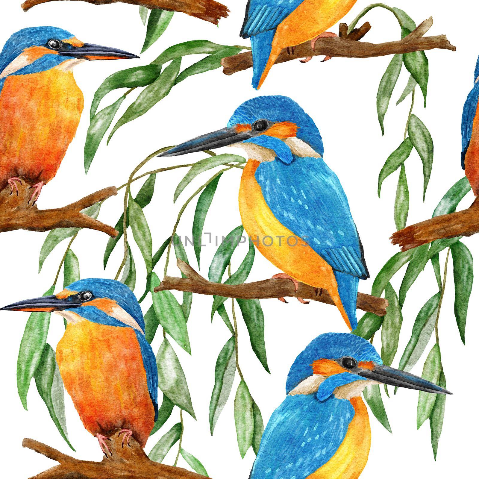 Watercolor seamless hand drawn pattern with wild kingfisher bee-eater birds in forest woodland. Wildlife natural vintage background with floral leaves greenery branches, nature bird flying design