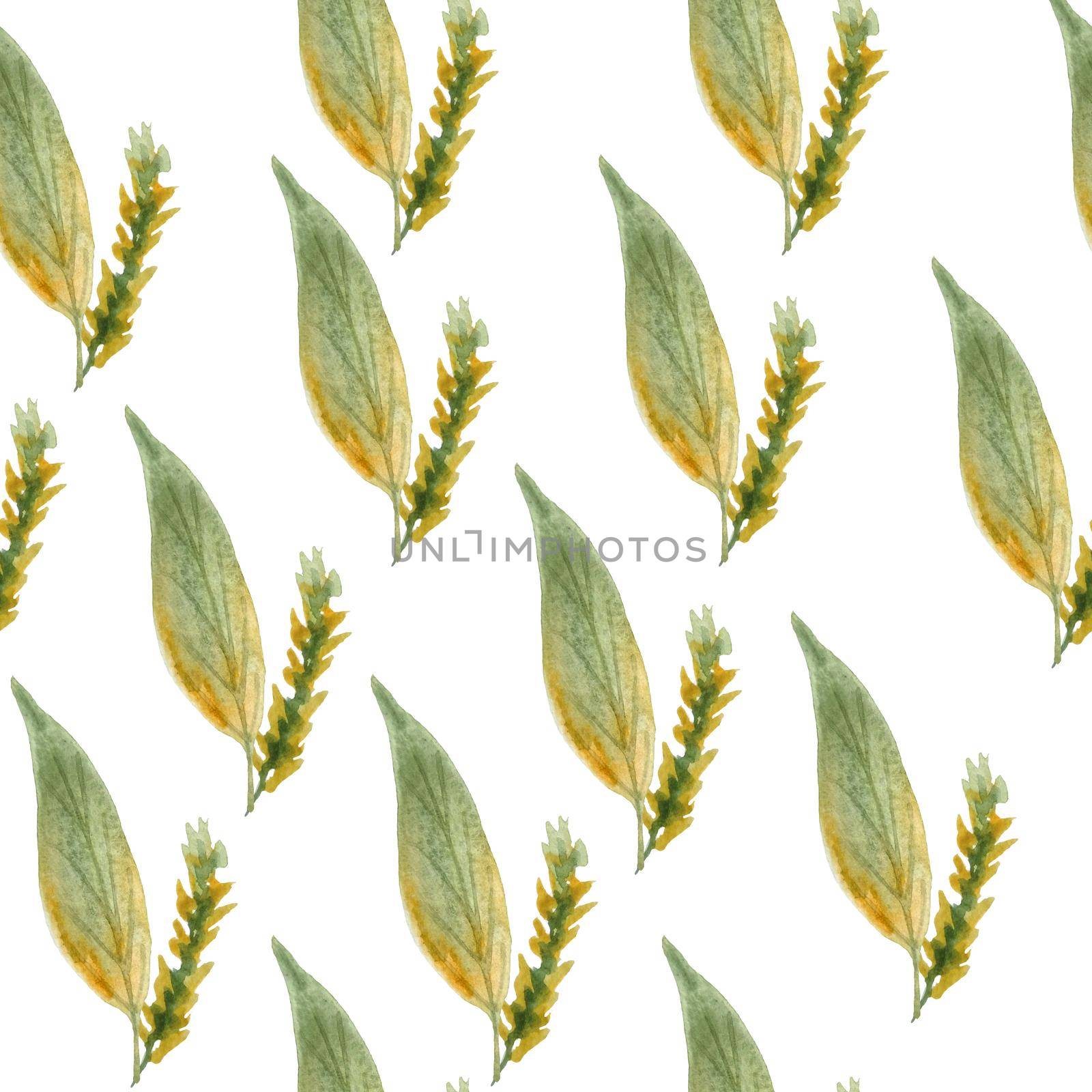 Seamless hand drawn watercolor pattern with green yellow wild herbs leaves in wood woodland forest. Organic natural plants, floral botanical design for wallpapers textile wrapping paper. Fall autumn season. by Lagmar