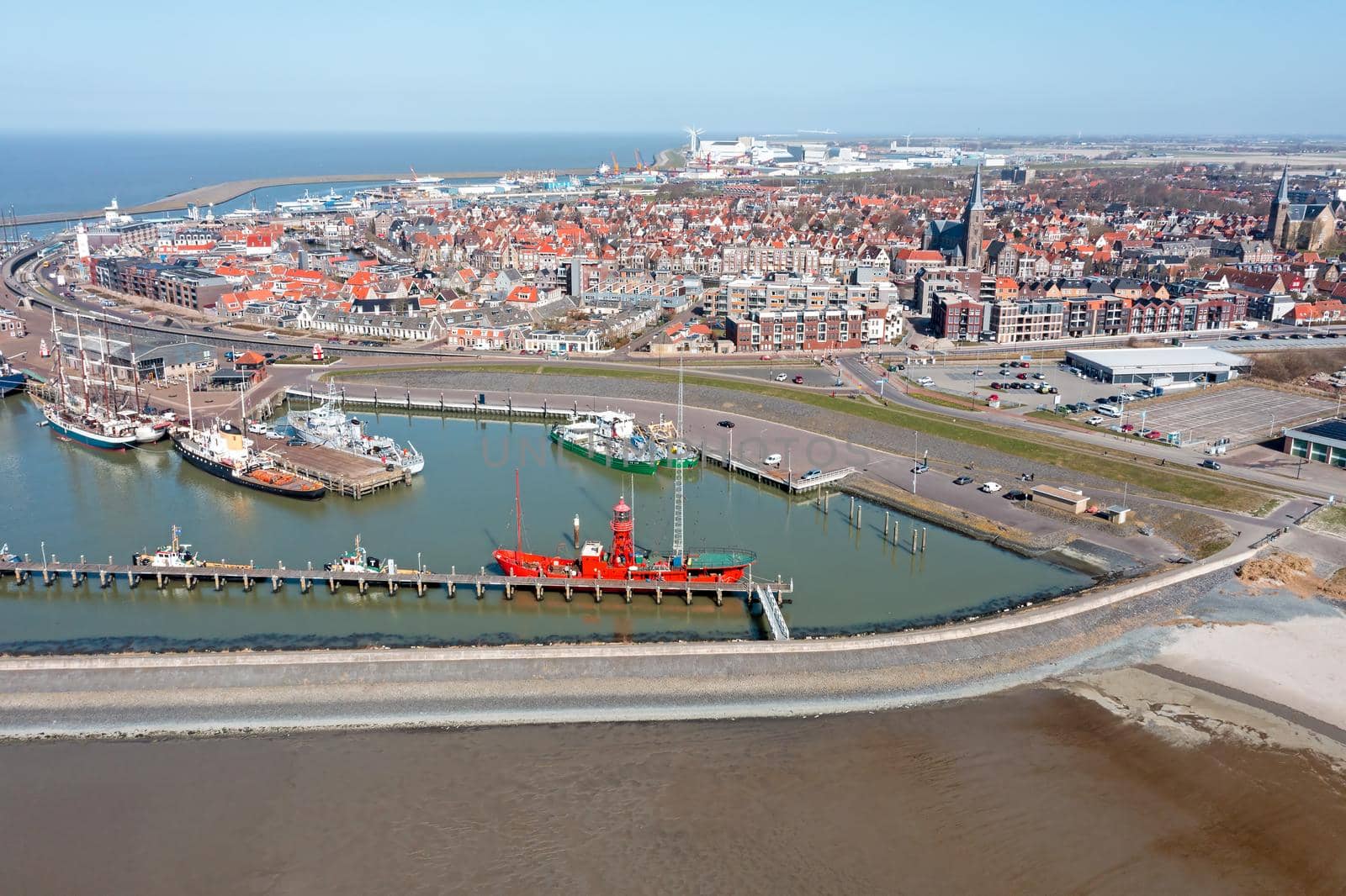 Aerial from the city and harbor from Harlingen in Friesland the Netherlands