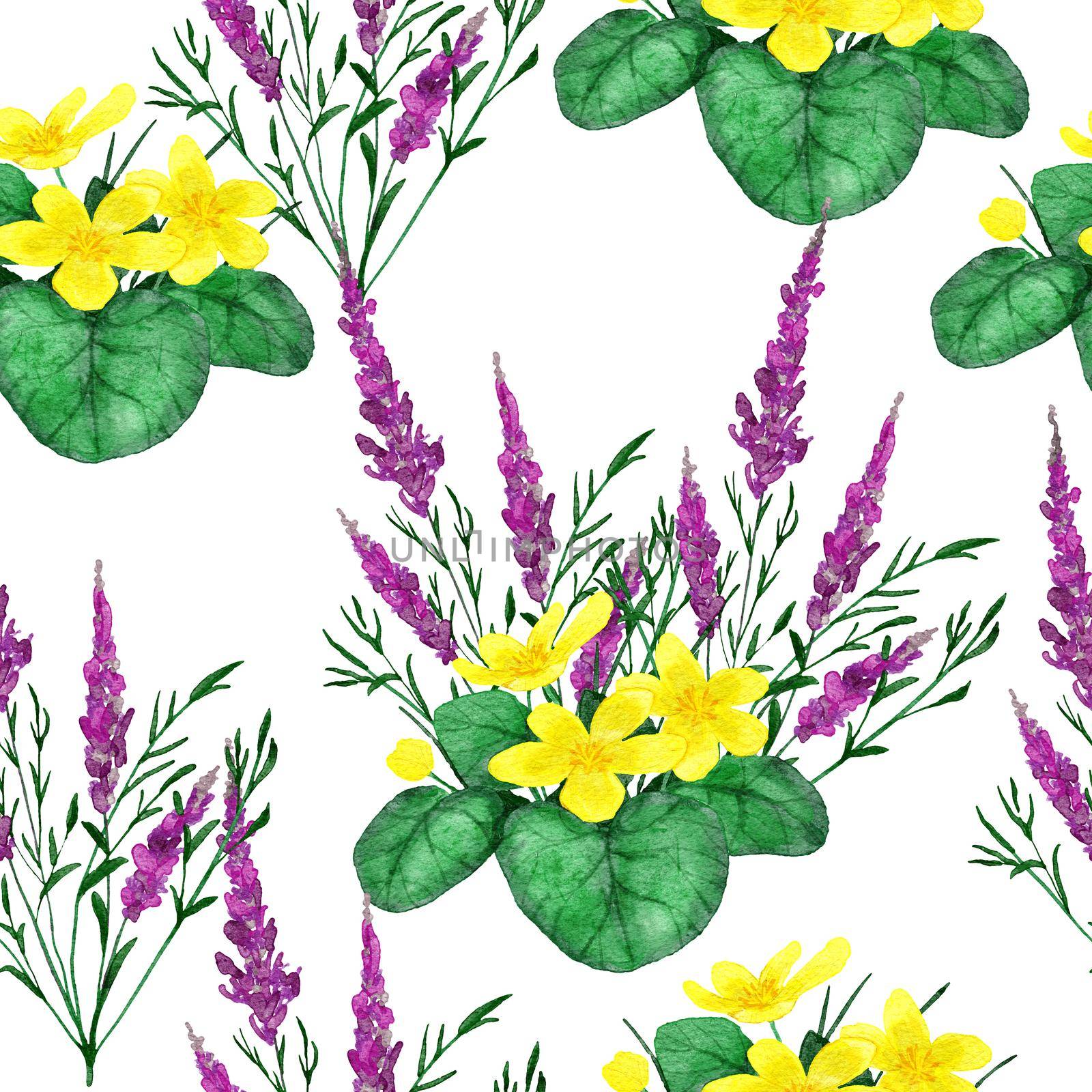 Hand drawn watercolor seamless pattern with river wild flowers, floral wildlife natural background with purple fireweed yellow trollius green leaf leaves meadow design. by Lagmar