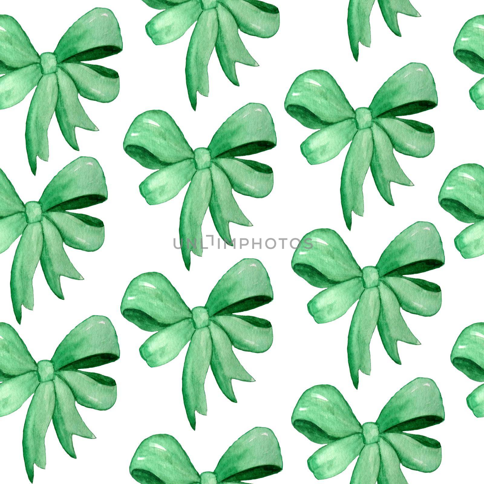 Watercolor hand drawn seamless pattern with green emerald ribbon bows for gifts party celebration birthday decor. Symbols for St Patricks day, irish ireland textile decorative wrapping paper