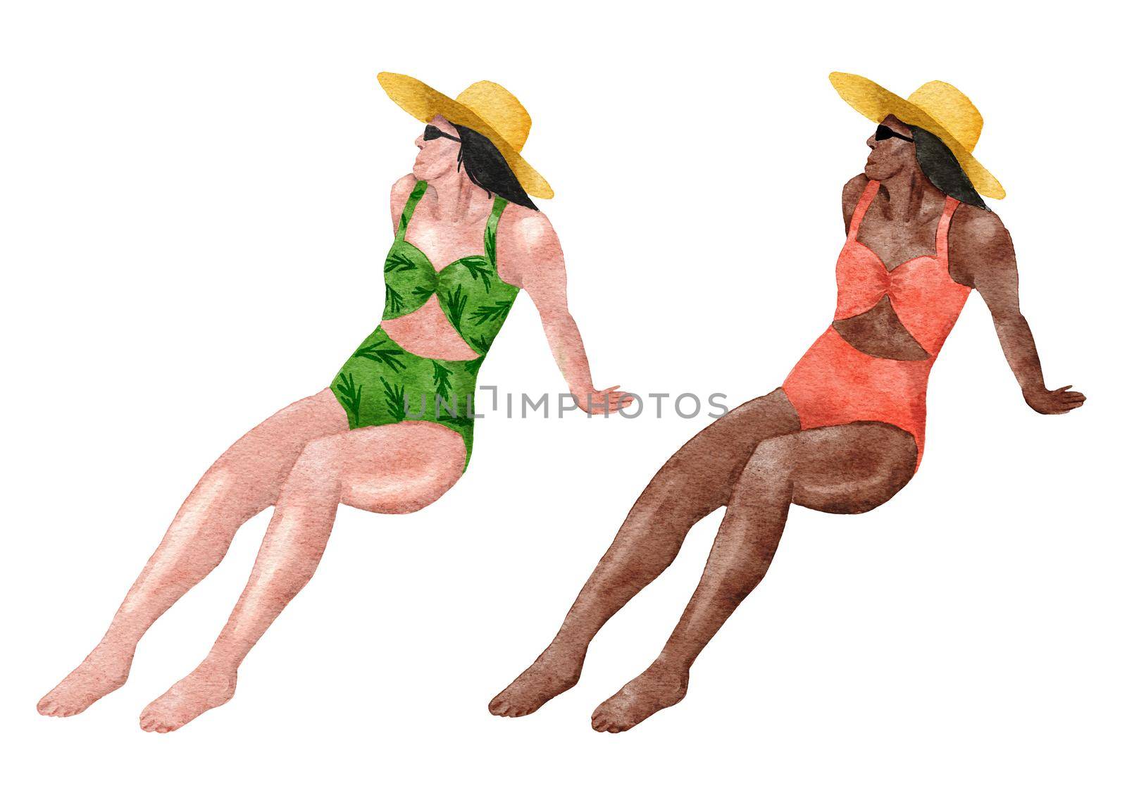 Watercolor illustration of women girls on the beach, white and African female models, summer swimwear swinsuit. Tropical holiday vacation summertime life, sea ocean getaway, leisure sunbathing concept