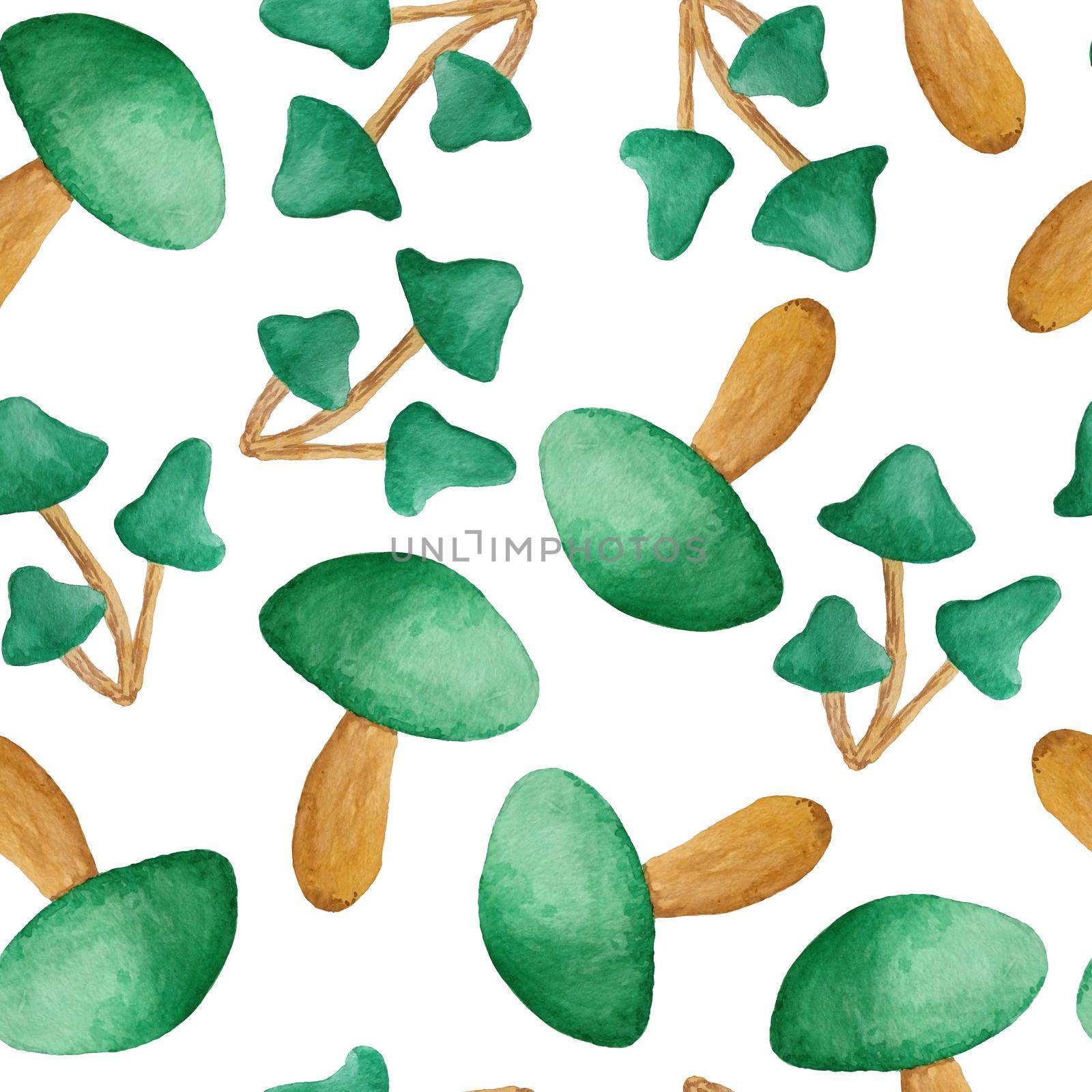 Seamless watercolor hand drawn pattern with St Patricks day elements, green funny realistic mushrooms, wood forest woodland background. Irish Ireland festive celebration desifn for parade parties. by Lagmar