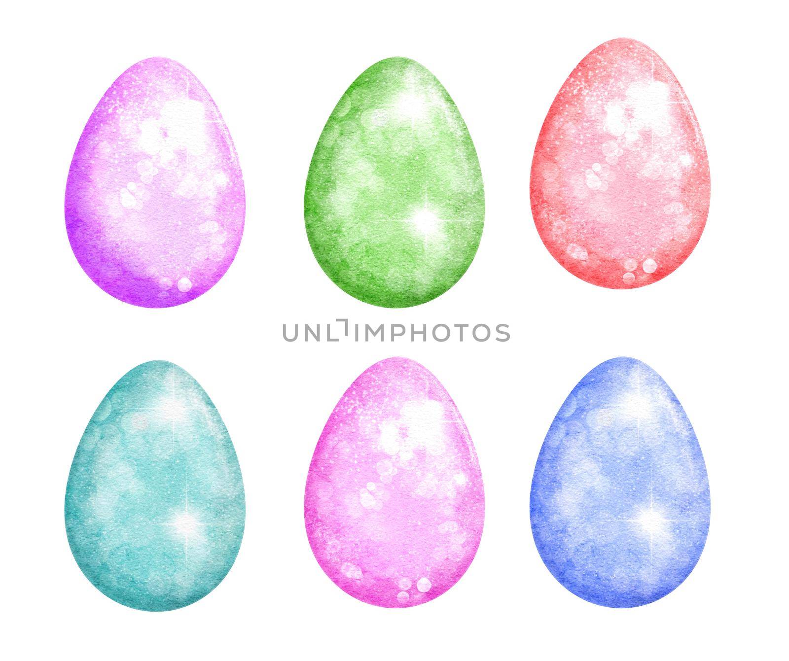 Watercolor hand drawn Easter eggs in purple pink green blue. Spring egg hunt april celebration design with glitter shiny shimmering texture background. by Lagmar