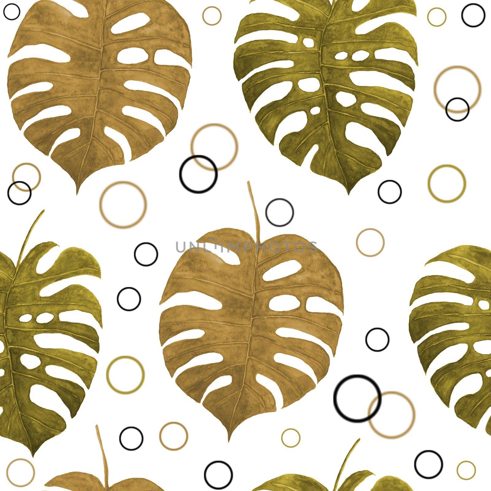 hand drawn watercolor seamless pattern illustration of exotic tropical monstera leaf leaves in gold golden and bronze color. Botanical lush foliage for trendy textile design wrapping paper banners summer holiday. by Lagmar