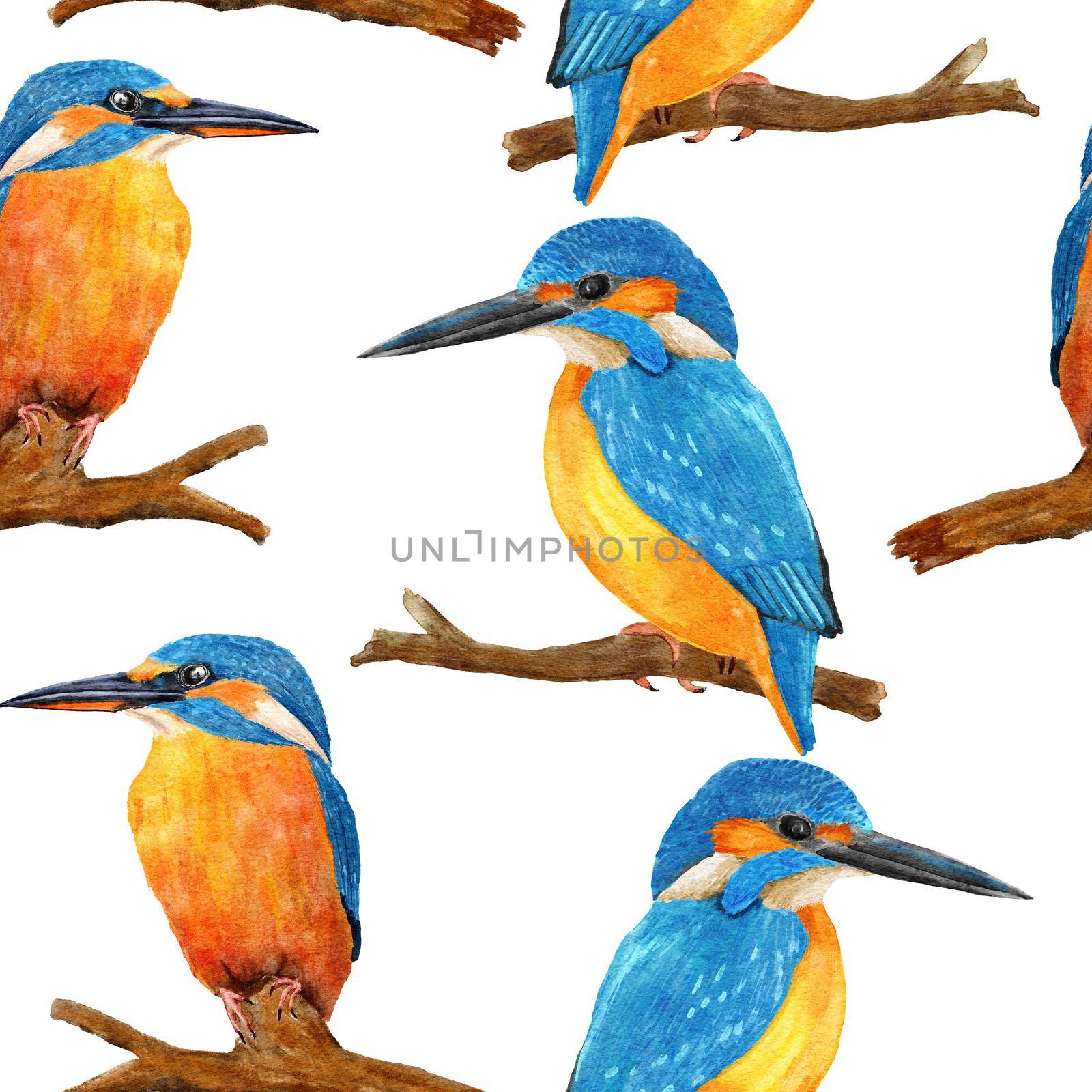 Watercolor seamless hand drawn pattern with wild kingfisher bee-eater birds in forest woodland. Wildlife natural vintage background with floral leaves greenery branches, nature bird flying design. by Lagmar